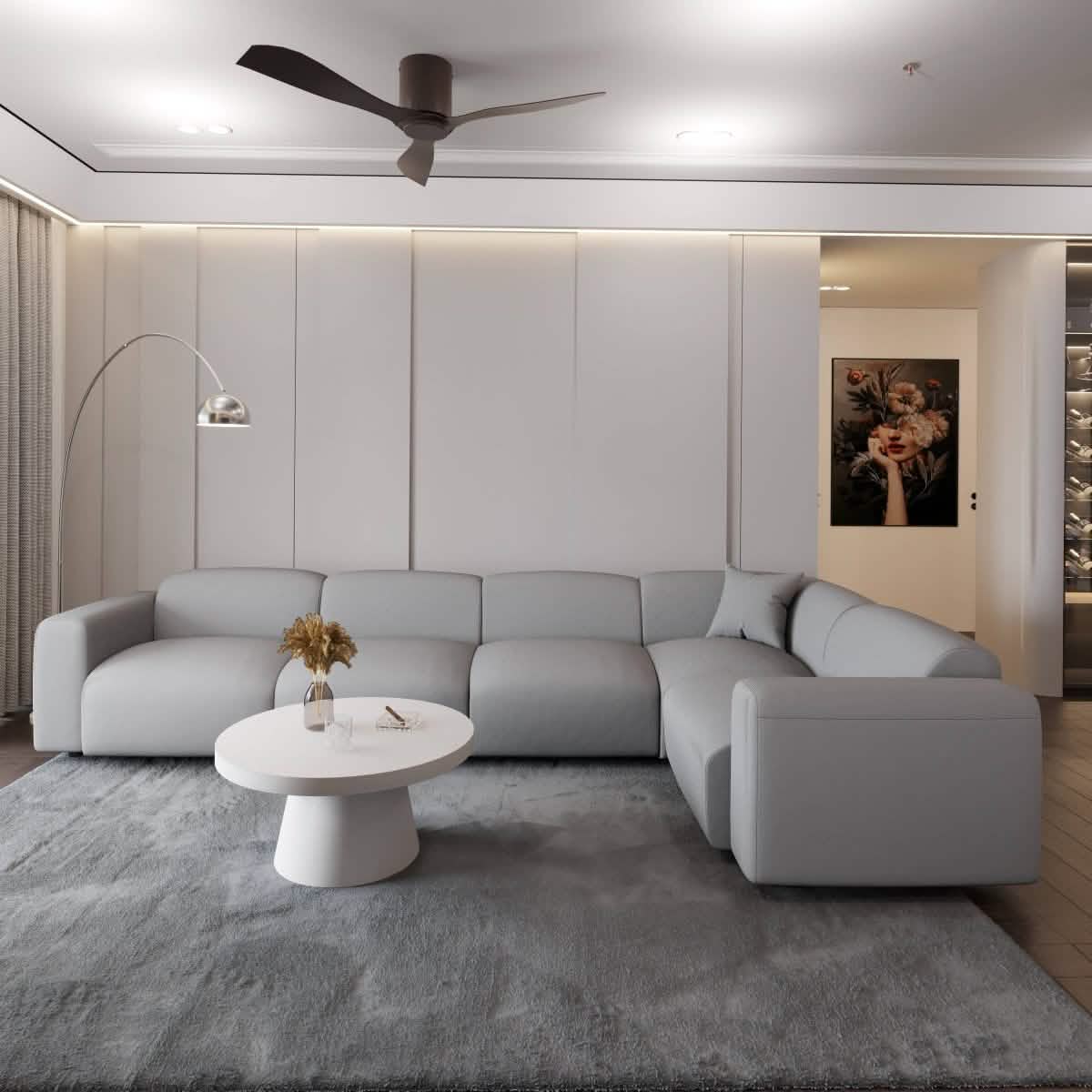 LeisureMod Whisper 4 - 6 Seater Conversation Set With a Chaise and Ottoman Upholstered in Linen/Leather/Polyester