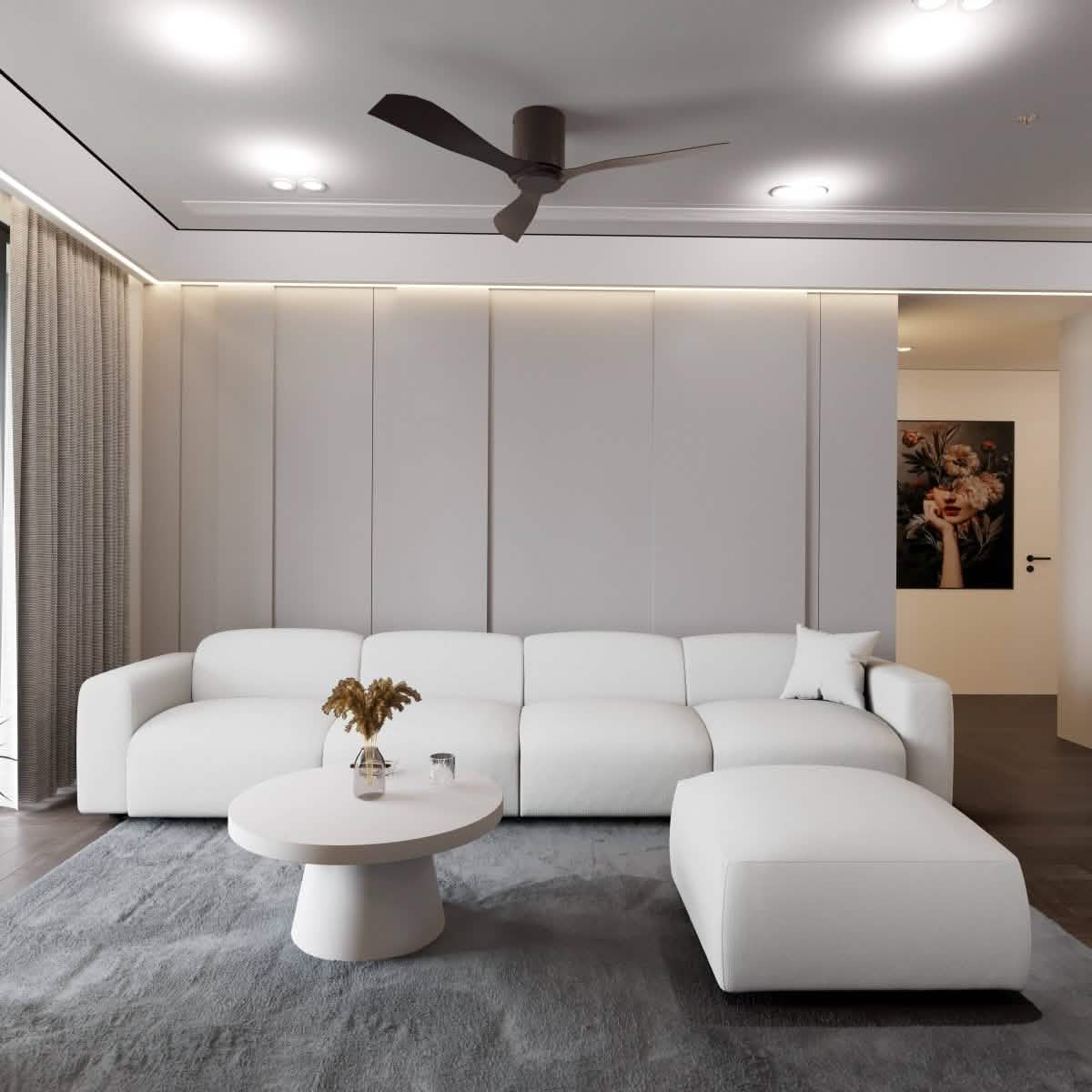LeisureMod Whisper 4 - 6 Seater Conversation Set With a Chaise and Ottoman Upholstered in Linen/Leather/Polyester