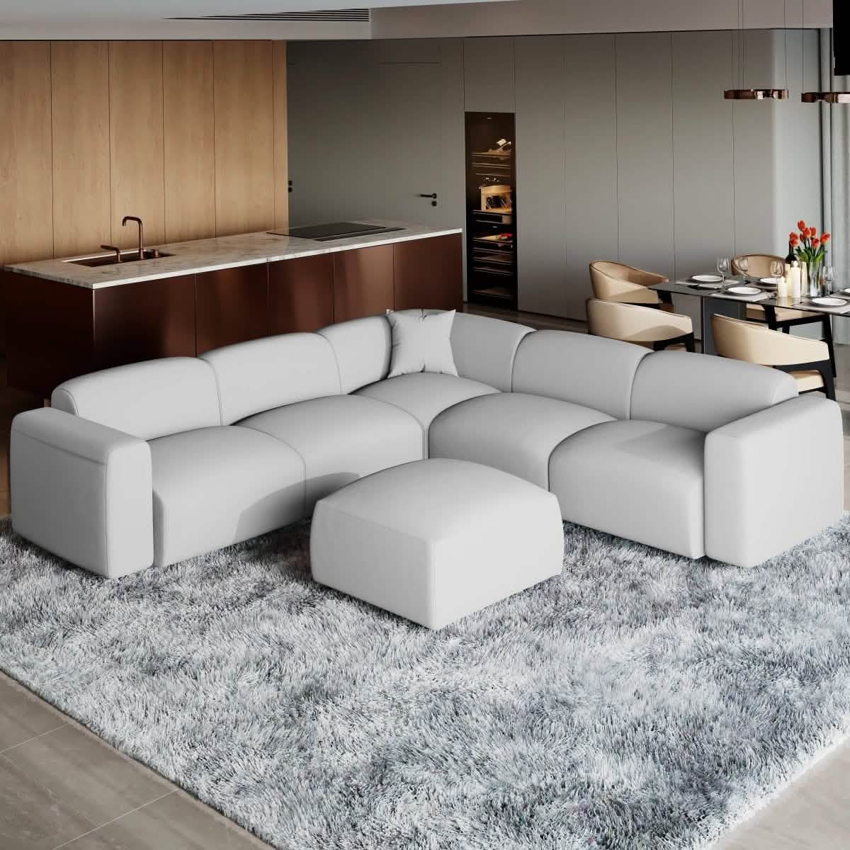 LeisureMod Whisper 4 - 6 Seater Conversation Set With a Chaise and Ottoman Upholstered in Linen/Leather/Polyester
