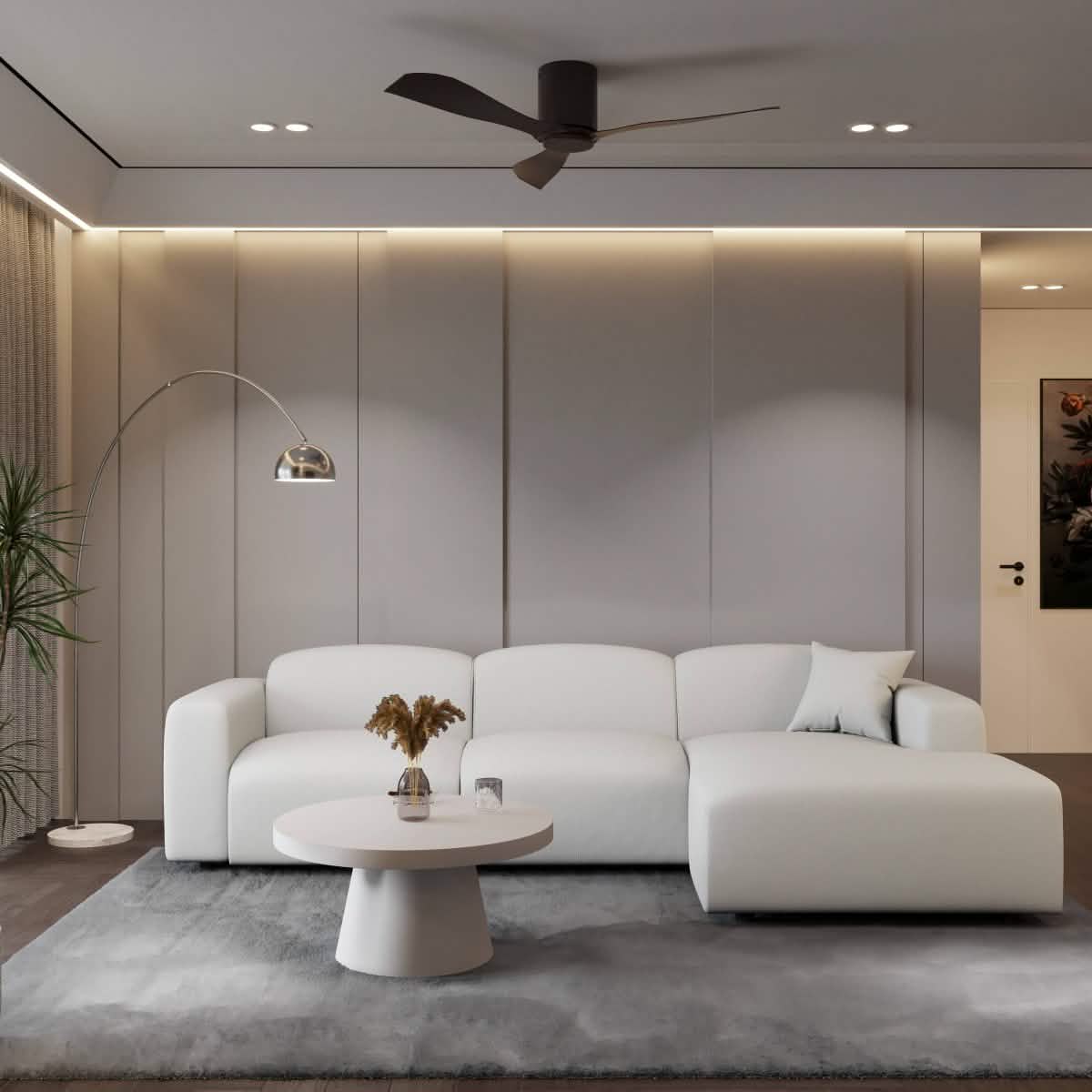 LeisureMod Whisper 4 - 6 Seater Conversation Set With a Chaise and Ottoman Upholstered in Linen/Leather/Polyester