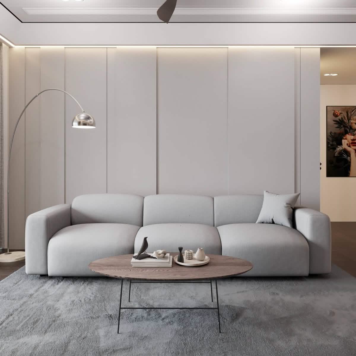 LeisureMod Whisper 4 - 6 Seater Conversation Set With a Chaise and Ottoman Upholstered in Linen/Leather/Polyester