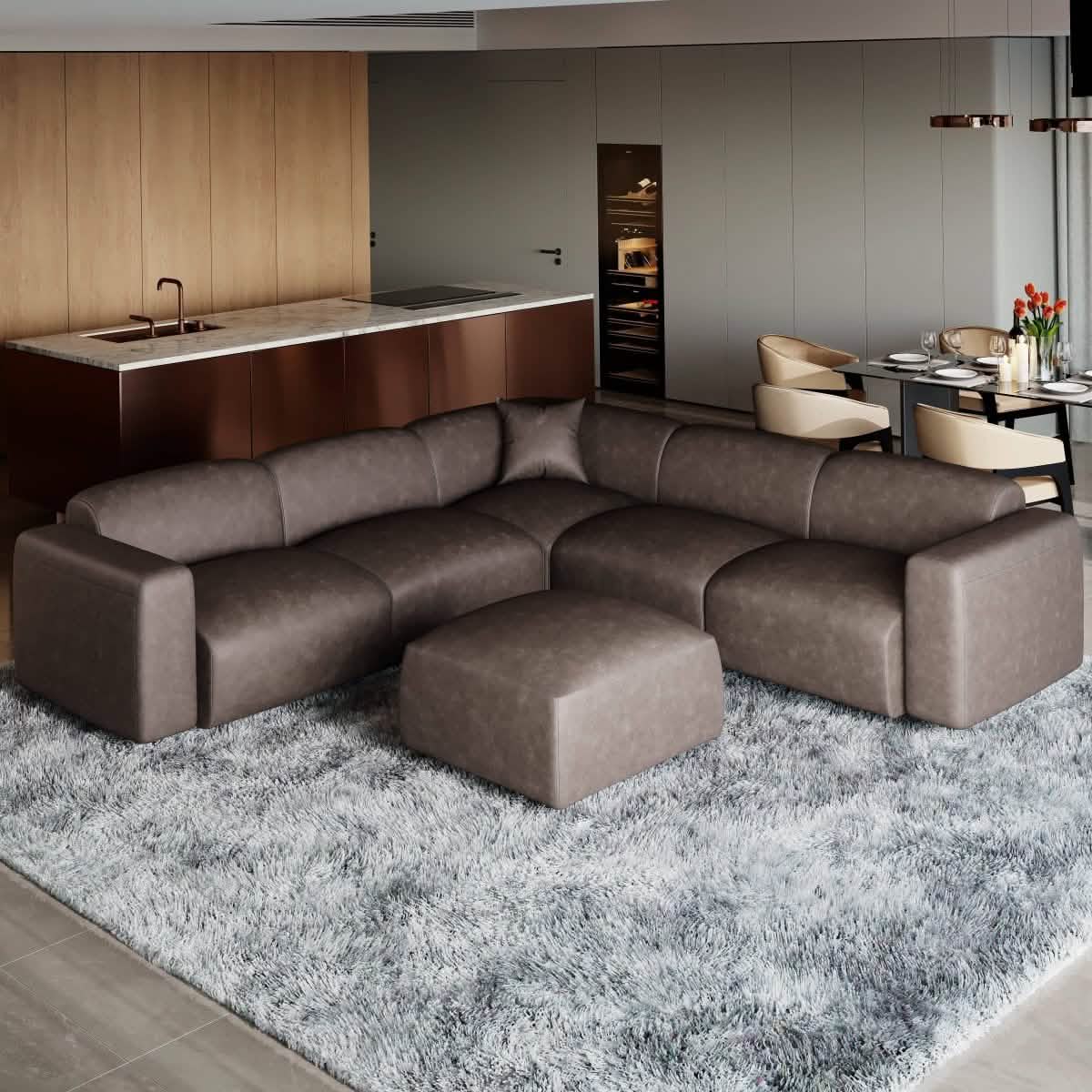 LeisureMod Whisper 4 - 6 Seater Conversation Set With a Chaise and Ottoman Upholstered in Linen/Leather/Polyester