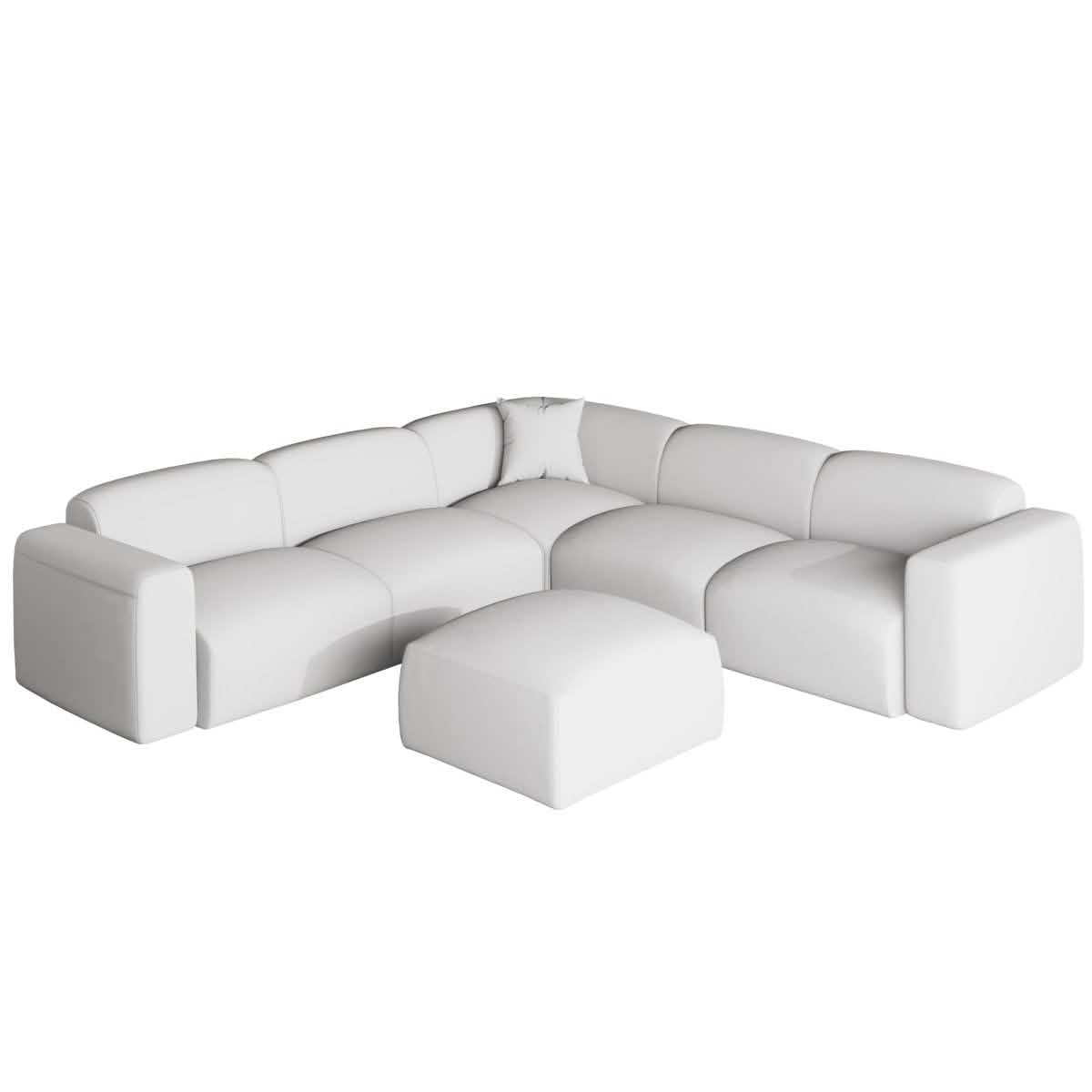 LeisureMod Whisper 4 - 6 Seater Conversation Set With a Chaise and Ottoman Upholstered in Linen/Leather/Polyester