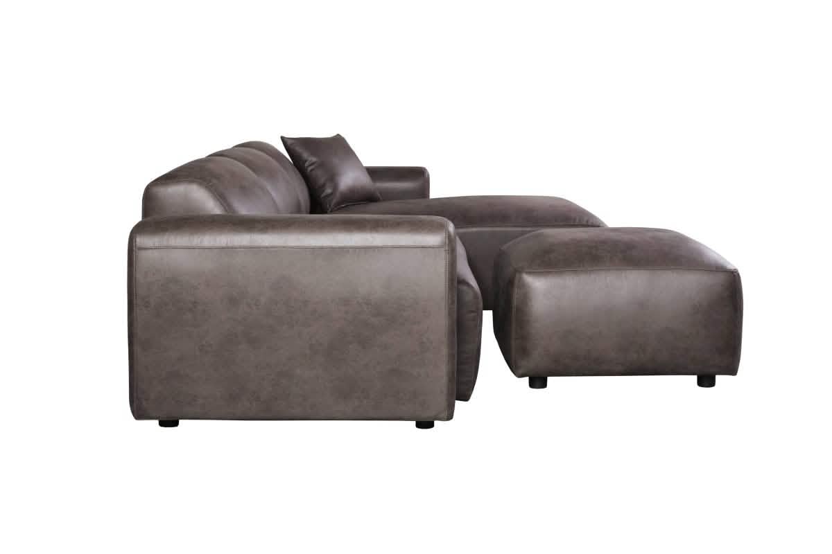 LeisureMod Whisper 4 - 6 Seater Conversation Set With a Chaise and Ottoman Upholstered in Linen/Leather/Polyester