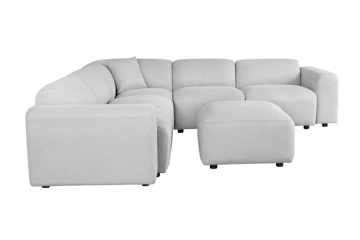 LeisureMod Whisper 4 - 6 Seater Conversation Set With a Chaise and Ottoman Upholstered in Linen/Leather/Polyester