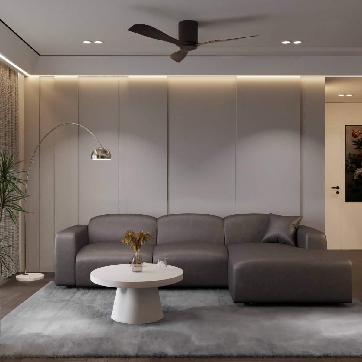LeisureMod Whisper 4 - 6 Seater Conversation Set With a Chaise and Ottoman Upholstered in Linen/Leather/Polyester