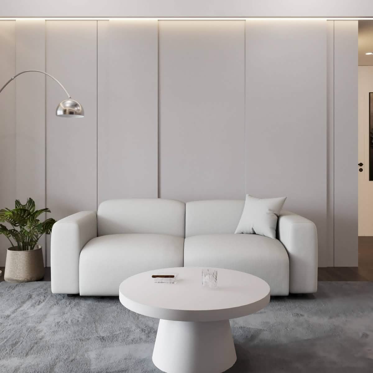 LeisureMod Whisper 4 - 6 Seater Conversation Set With a Chaise and Ottoman Upholstered in Linen/Leather/Polyester