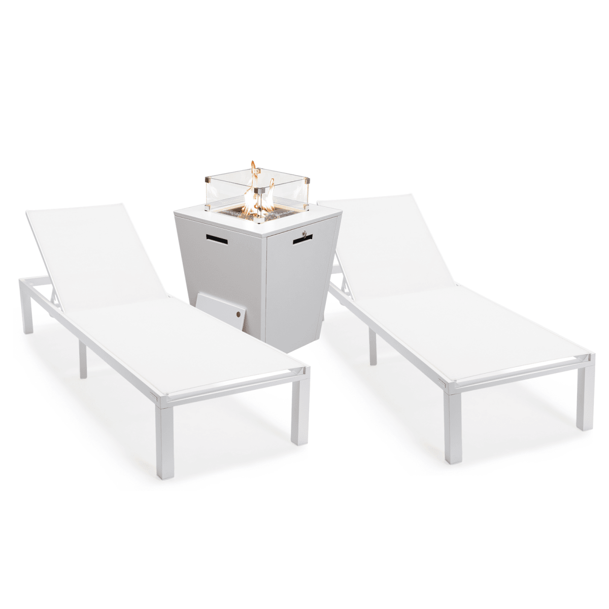 Marlin Modern White Aluminum Outdoor Chaise Lounge Chair With Square Fire Pit Side Table Set of 2 White Leisuremod