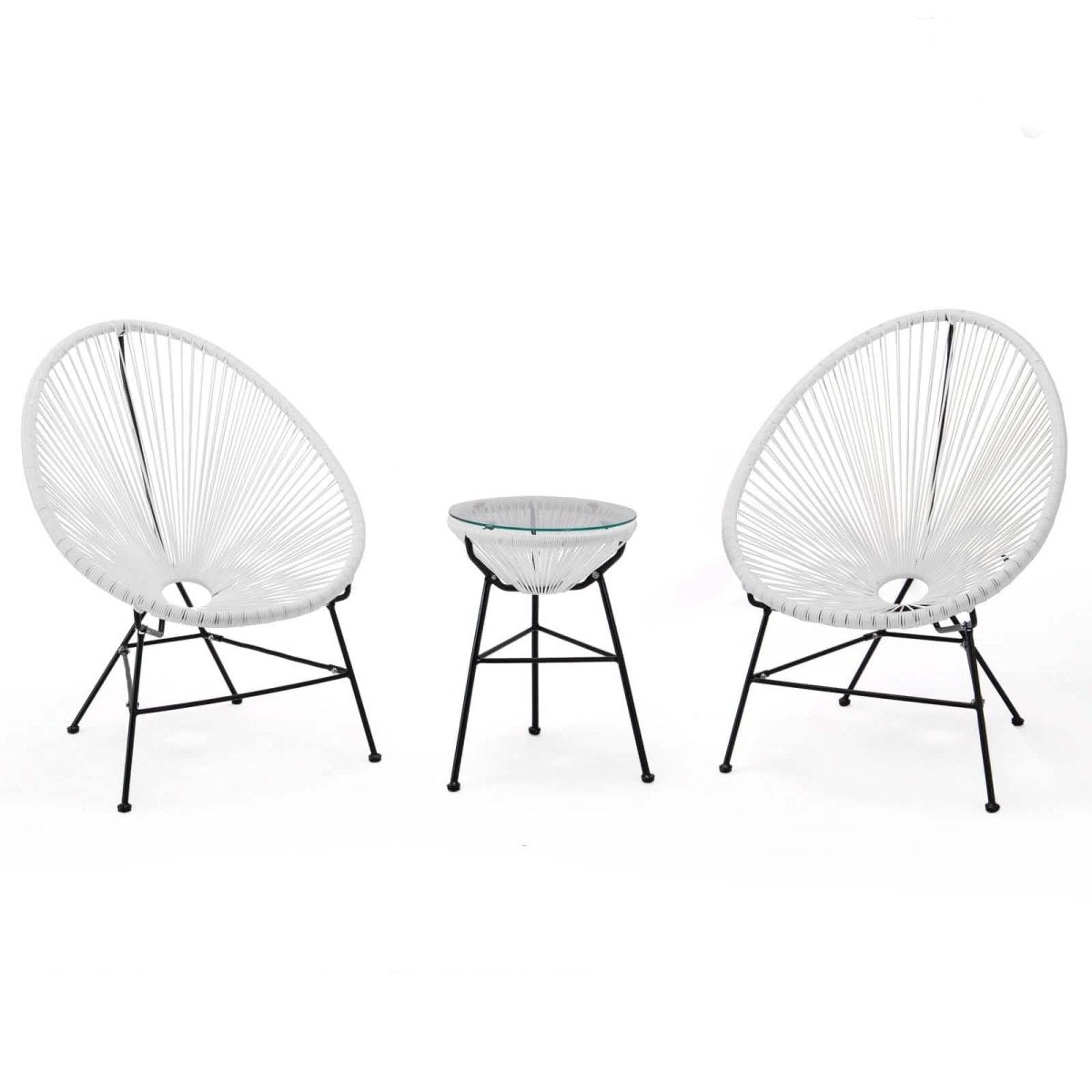 Leisuremod White Montara 3 Piece Outdoor Lounge Patio Chairs With Glass Top Table