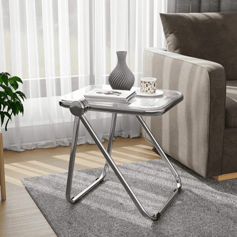 Lawrence Square Folding Side Table with Plastic Tabletop in Chrome Aluminum Frame