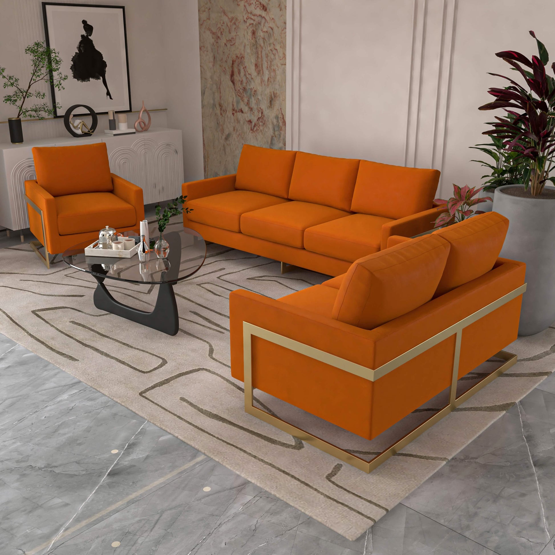 Lincoln 3 - Piece Sofa Set Upholstered in Leather/Velvet Accent Chair with Gold Stainless Steel Frame
