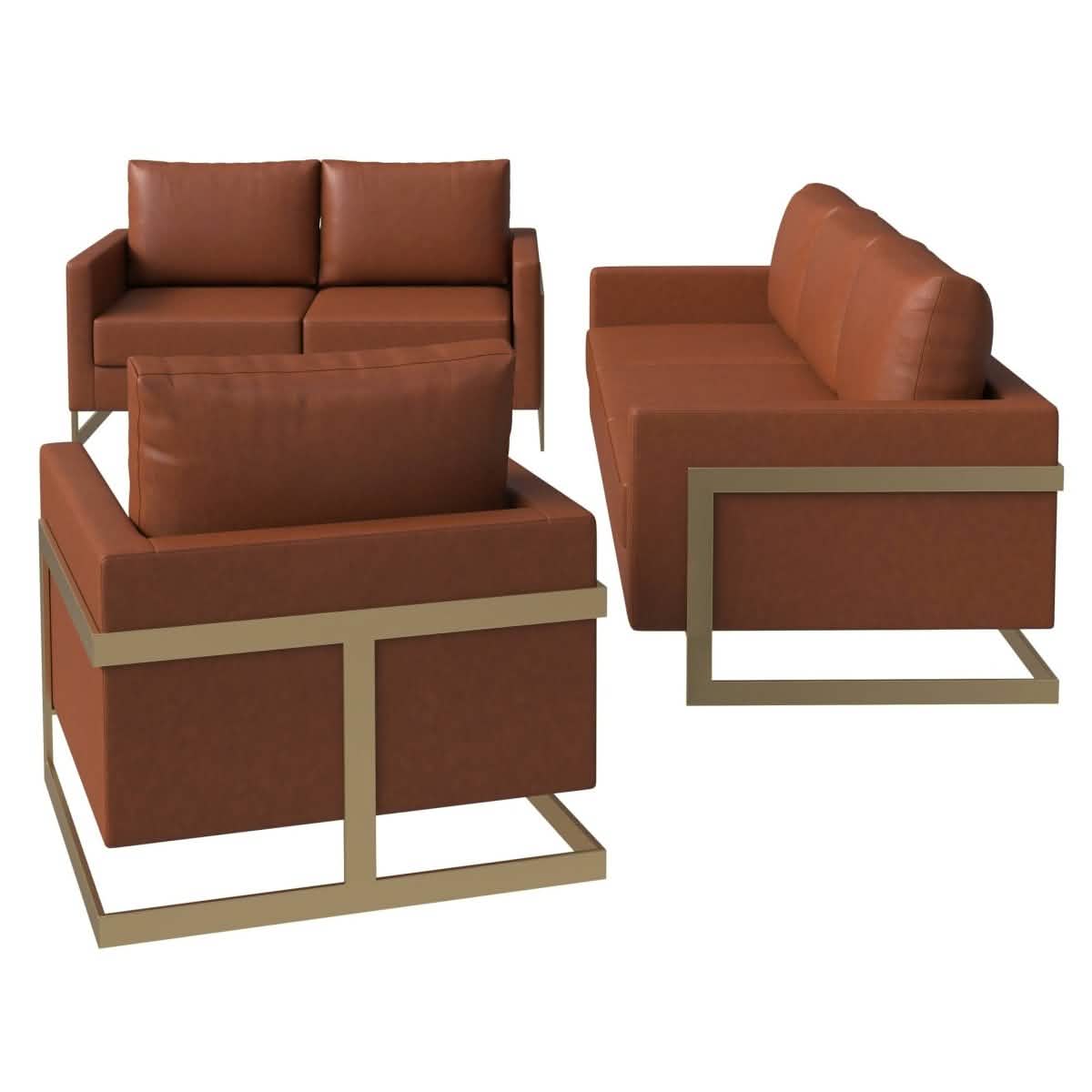 Lincoln 3 - Piece Sofa Set Upholstered in Leather/Velvet Accent Chair with Gold Stainless Steel Frame