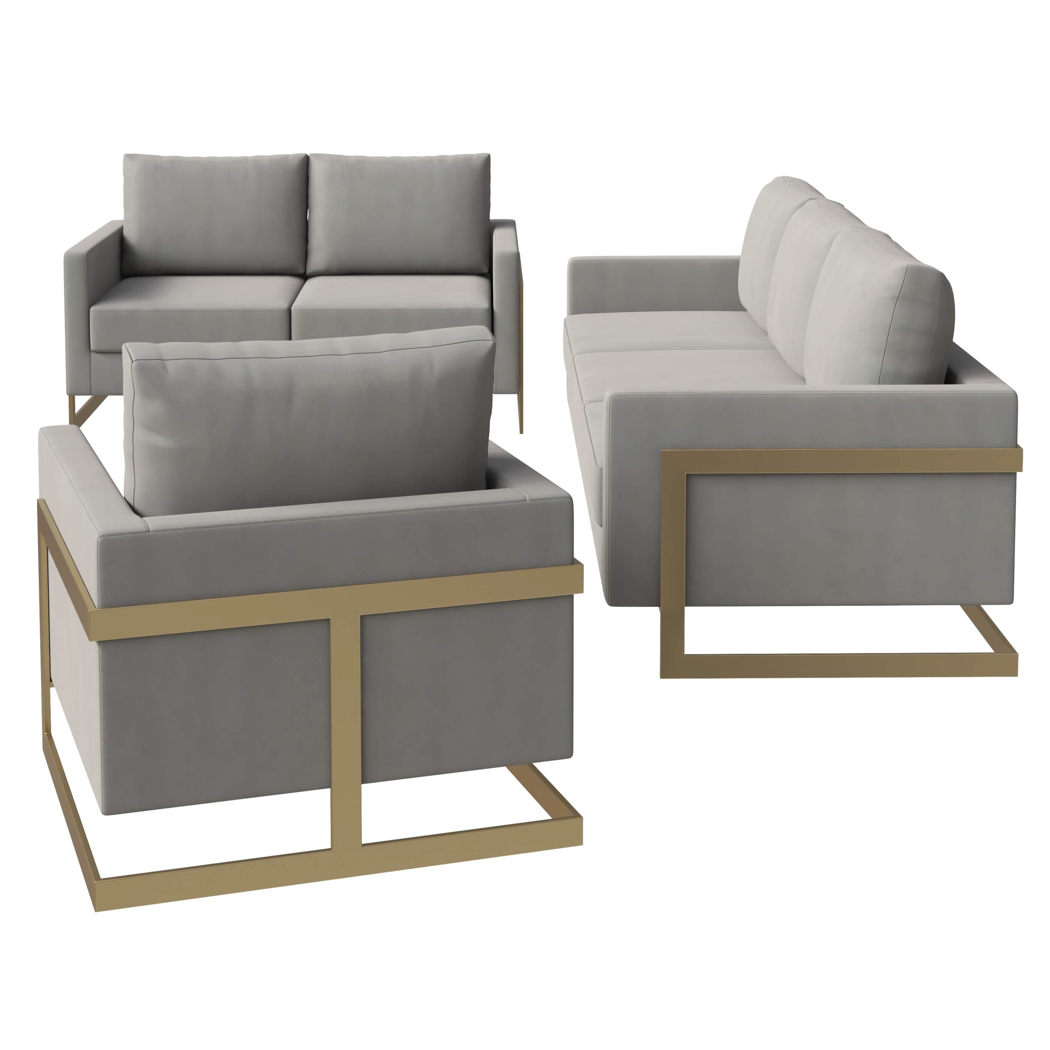 Lincoln 3 - Piece Sofa Set Upholstered in Leather/Velvet Accent Chair with Gold Stainless Steel Frame