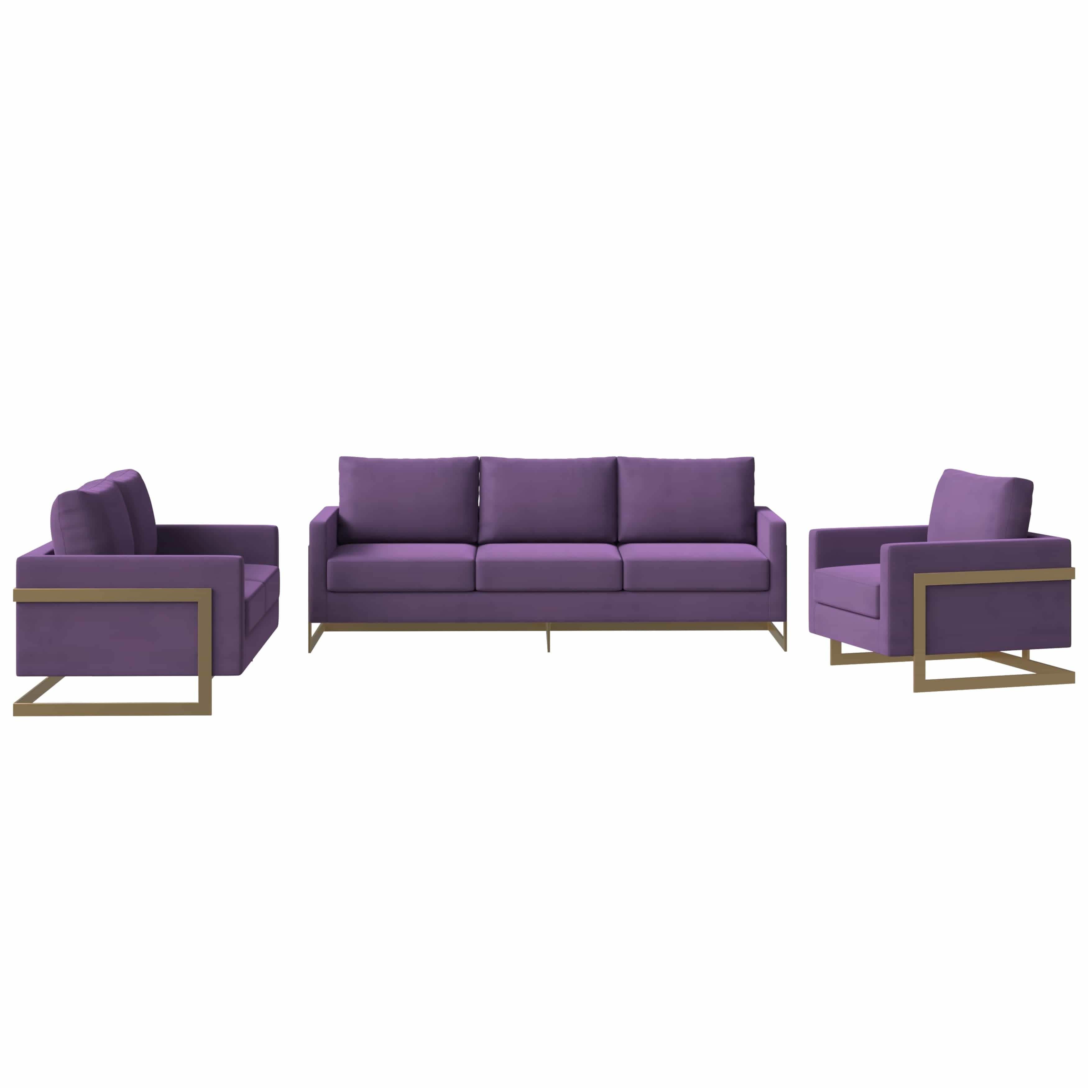 Lincoln 3 - Piece Sofa Set Upholstered in Leather/Velvet Accent Chair with Gold Stainless Steel Frame