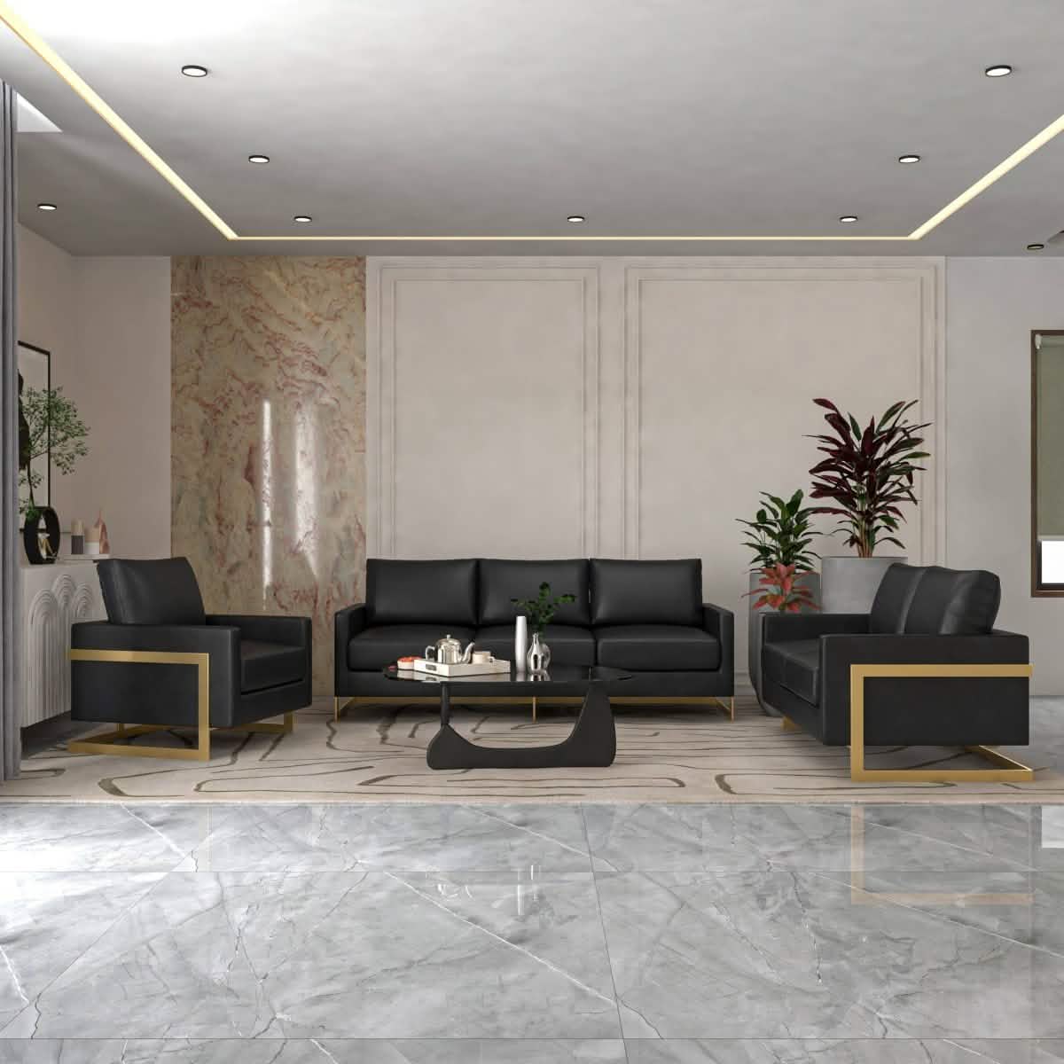 Lincoln 3 - Piece Sofa Set Upholstered in Leather/Velvet Accent Chair with Gold Stainless Steel Frame