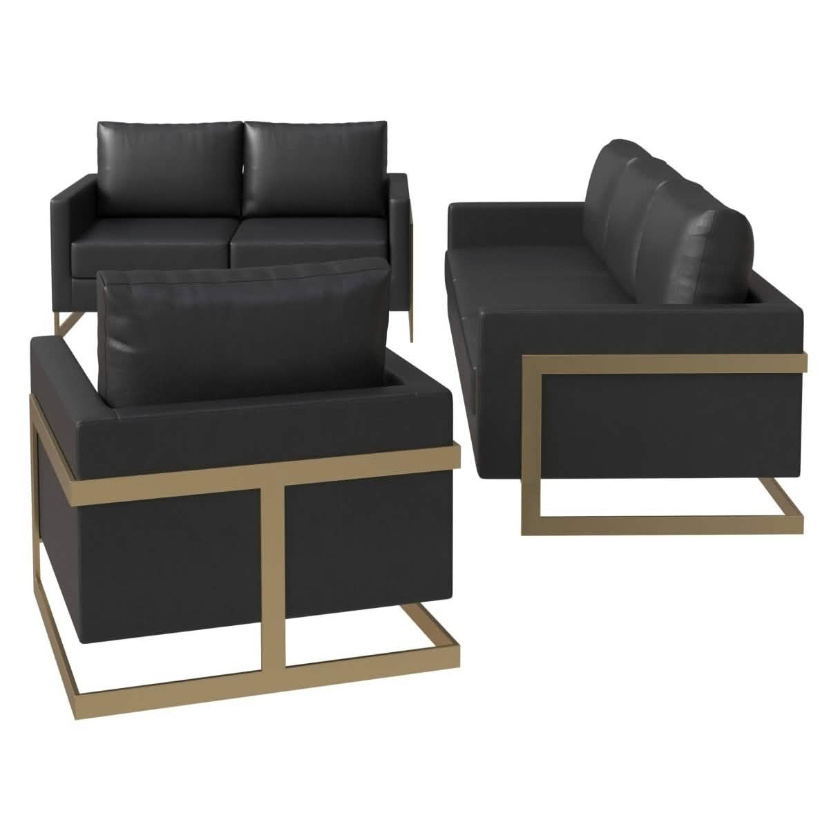 Lincoln 3 - Piece Sofa Set Upholstered in Leather/Velvet Accent Chair with Gold Stainless Steel Frame