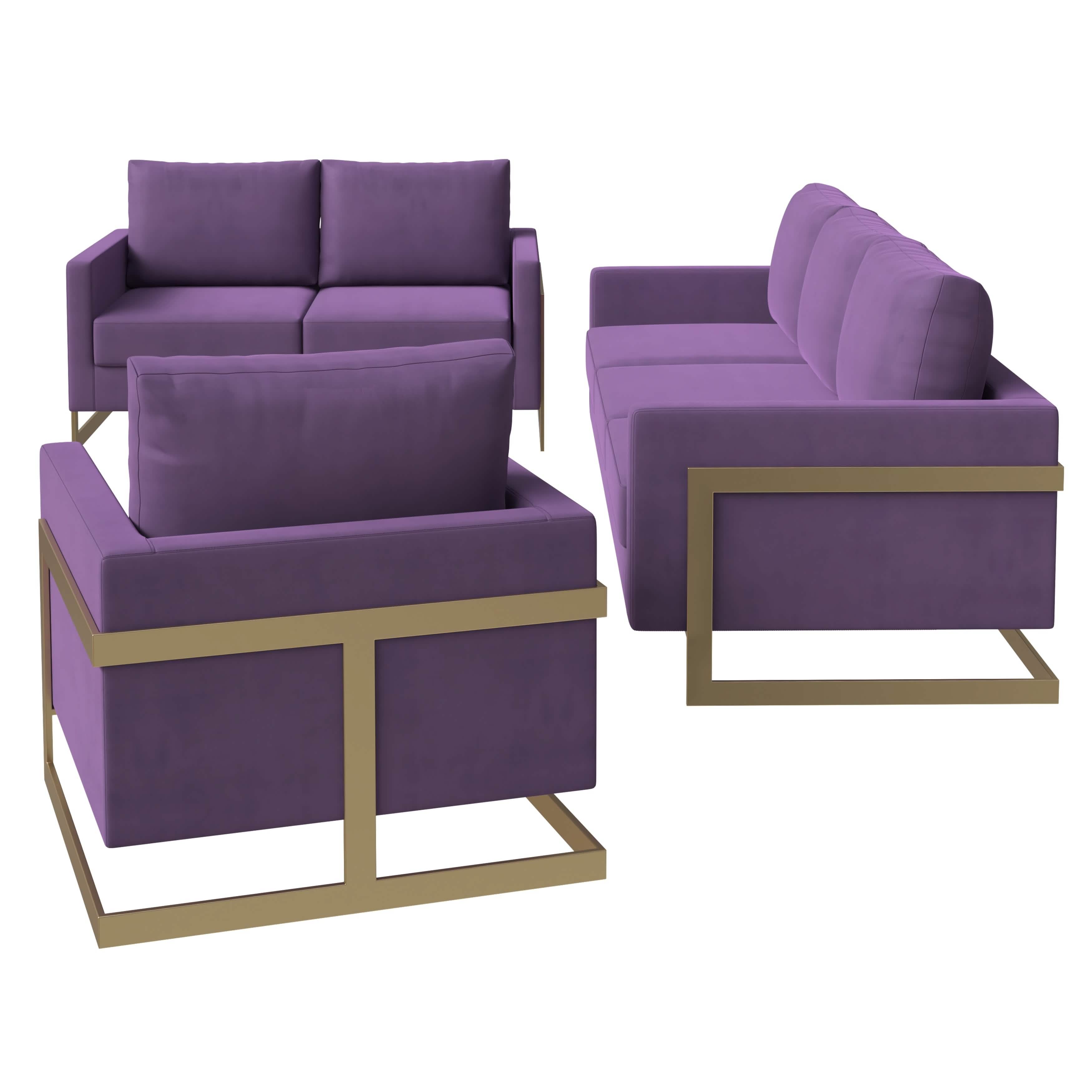 Lincoln 3 - Piece Sofa Set Upholstered in Leather/Velvet Accent Chair with Gold Stainless Steel Frame