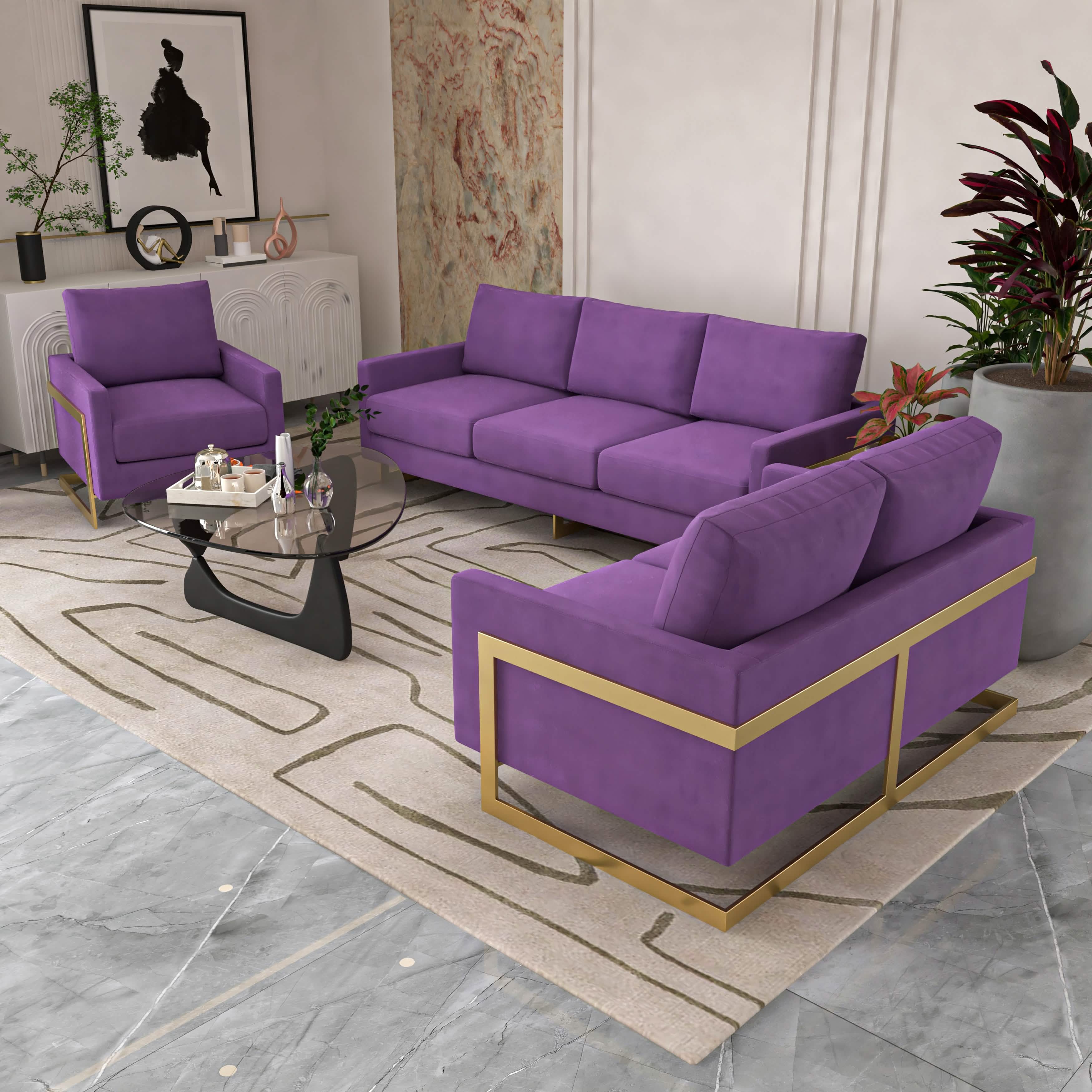 Lincoln 3 - Piece Sofa Set Upholstered in Leather/Velvet Accent Chair with Gold Stainless Steel Frame