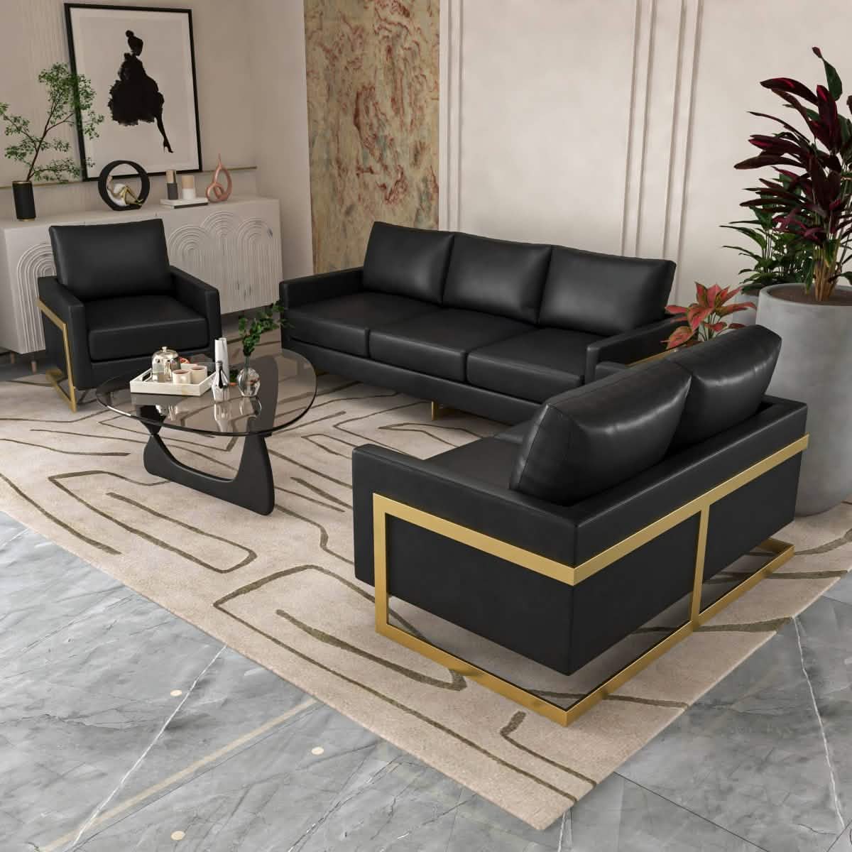 Lincoln 3 - Piece Sofa Set Upholstered in Leather/Velvet Accent Chair with Gold Stainless Steel Frame