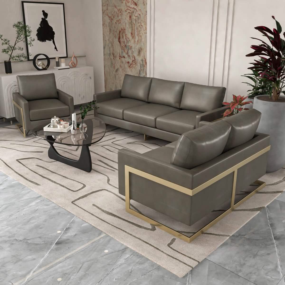 Lincoln 3 - Piece Sofa Set Upholstered in Leather/Velvet Accent Chair with Gold Stainless Steel Frame
