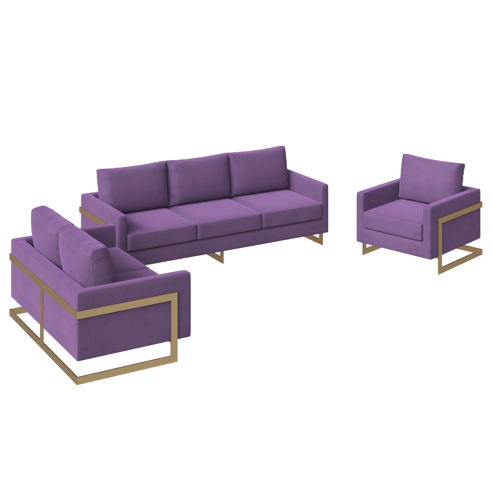 Lincoln 3 - Piece Sofa Set Upholstered in Leather/Velvet Accent Chair with Gold Stainless Steel Frame