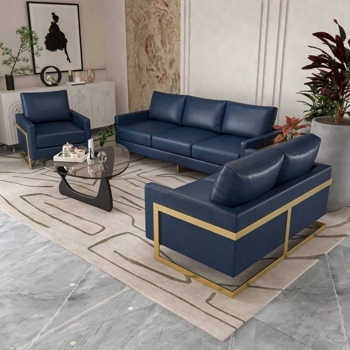 Lincoln 3 - Piece Sofa Set Upholstered in Leather/Velvet Accent Chair with Gold Stainless Steel Frame