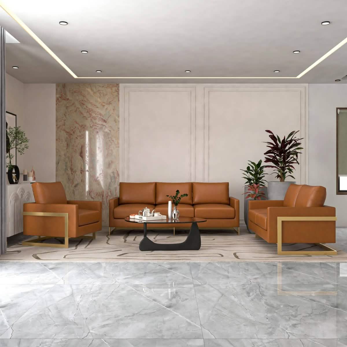 Lincoln 3 - Piece Sofa Set Upholstered in Leather/Velvet Accent Chair with Gold Stainless Steel Frame