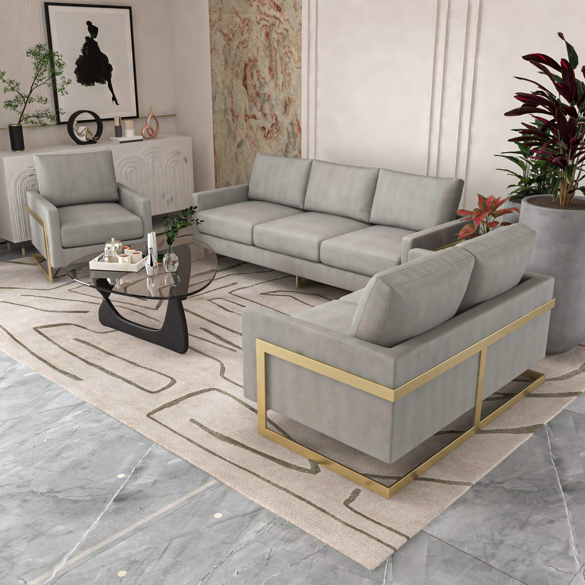 Lincoln 3 - Piece Sofa Set Upholstered in Leather/Velvet Accent Chair with Gold Stainless Steel Frame