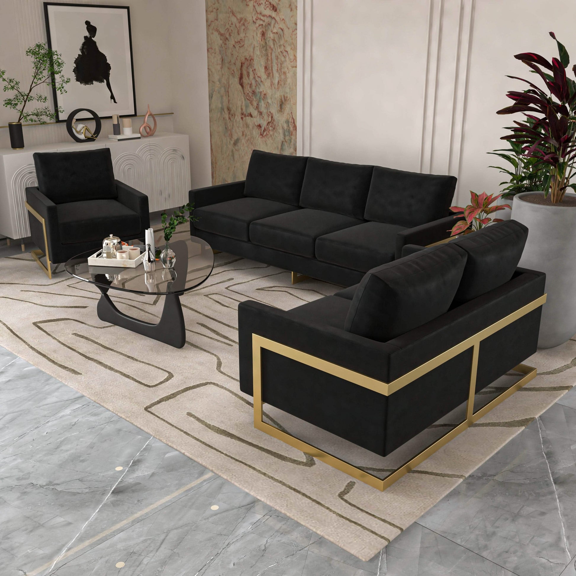 Lincoln 3 - Piece Sofa Set Upholstered in Leather/Velvet Accent Chair with Gold Stainless Steel Frame