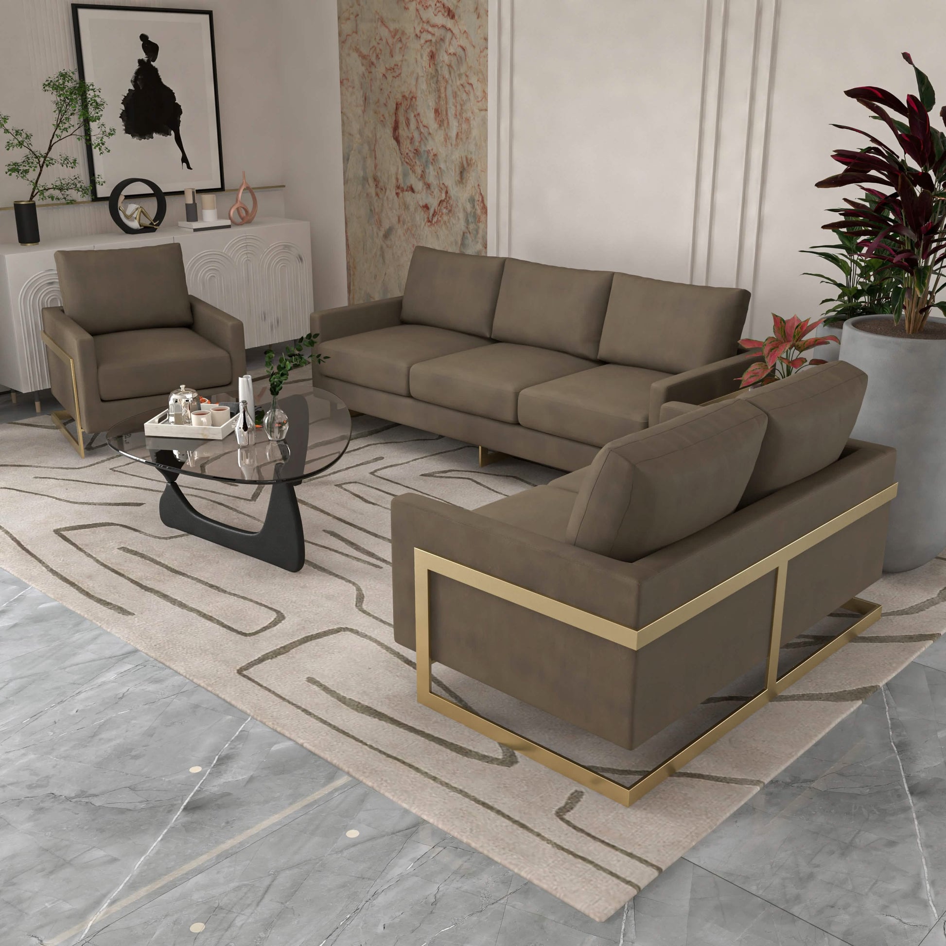 Lincoln 3 - Piece Sofa Set Upholstered in Leather/Velvet Accent Chair with Gold Stainless Steel Frame