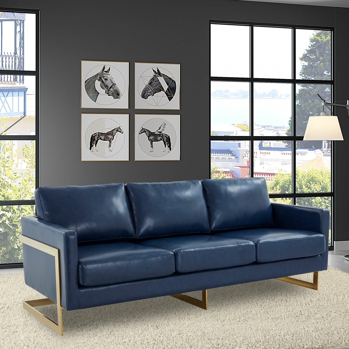 Lincoln 3 - Seater Sofa Upholstered in Velvet/Leather with Black/Silver/Gold Steel Base