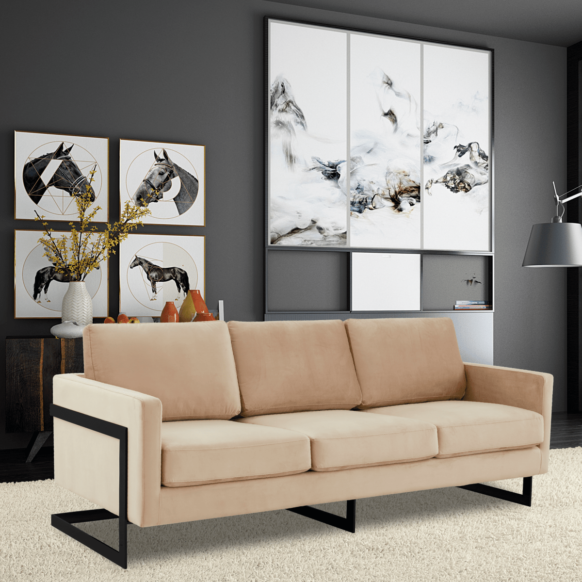 Lincoln 3 - Seater Sofa Upholstered in Velvet/Leather with Black/Silver/Gold Steel Base