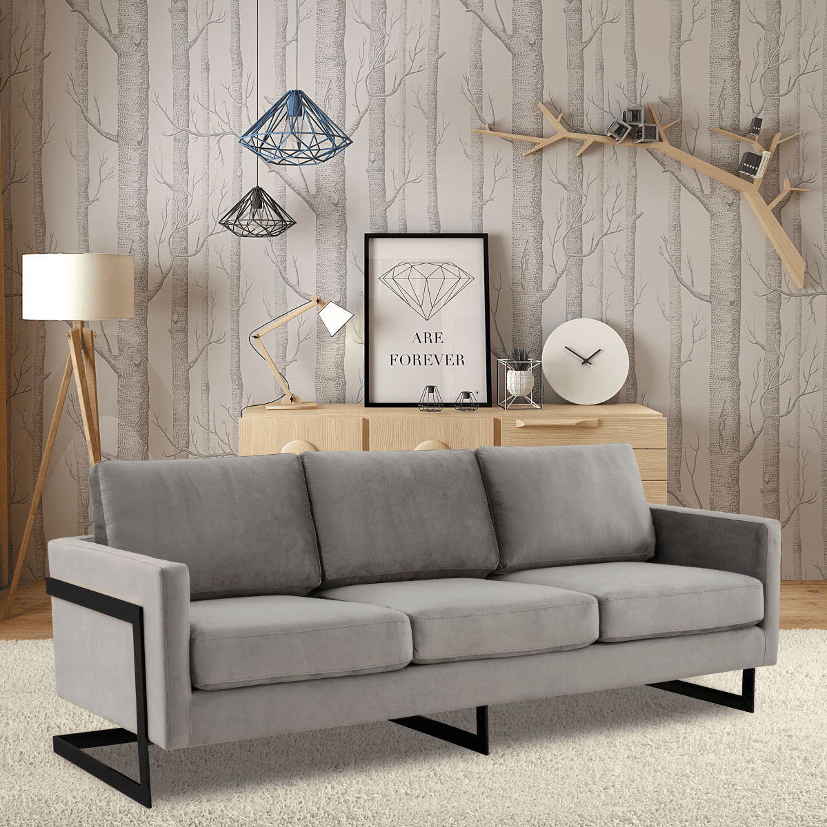 Lincoln 3 - Seater Sofa Upholstered in Velvet/Leather with Black/Silver/Gold Steel Base