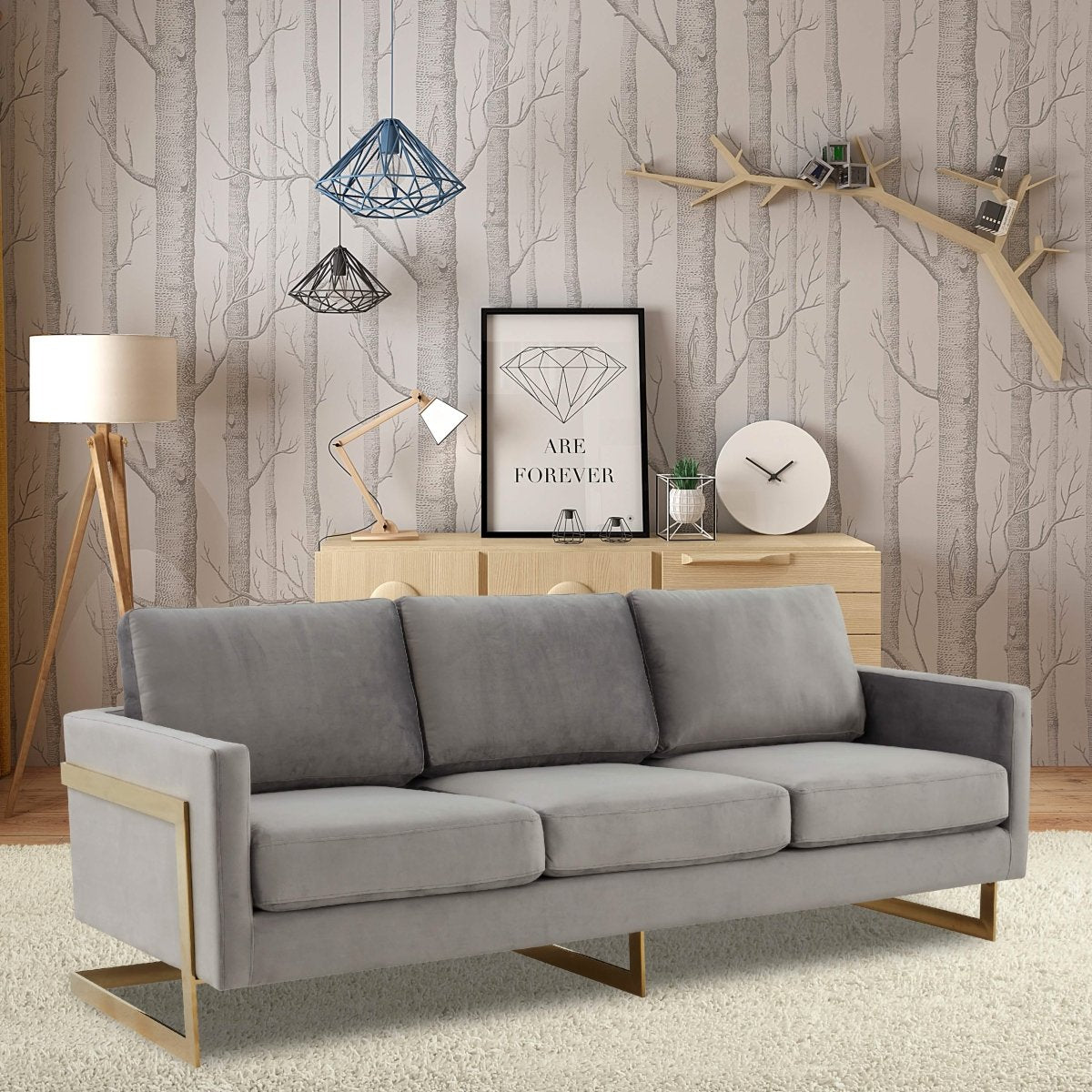 Lincoln 3 - Seater Sofa Upholstered in Velvet/Leather with Black/Silver/Gold Steel Base