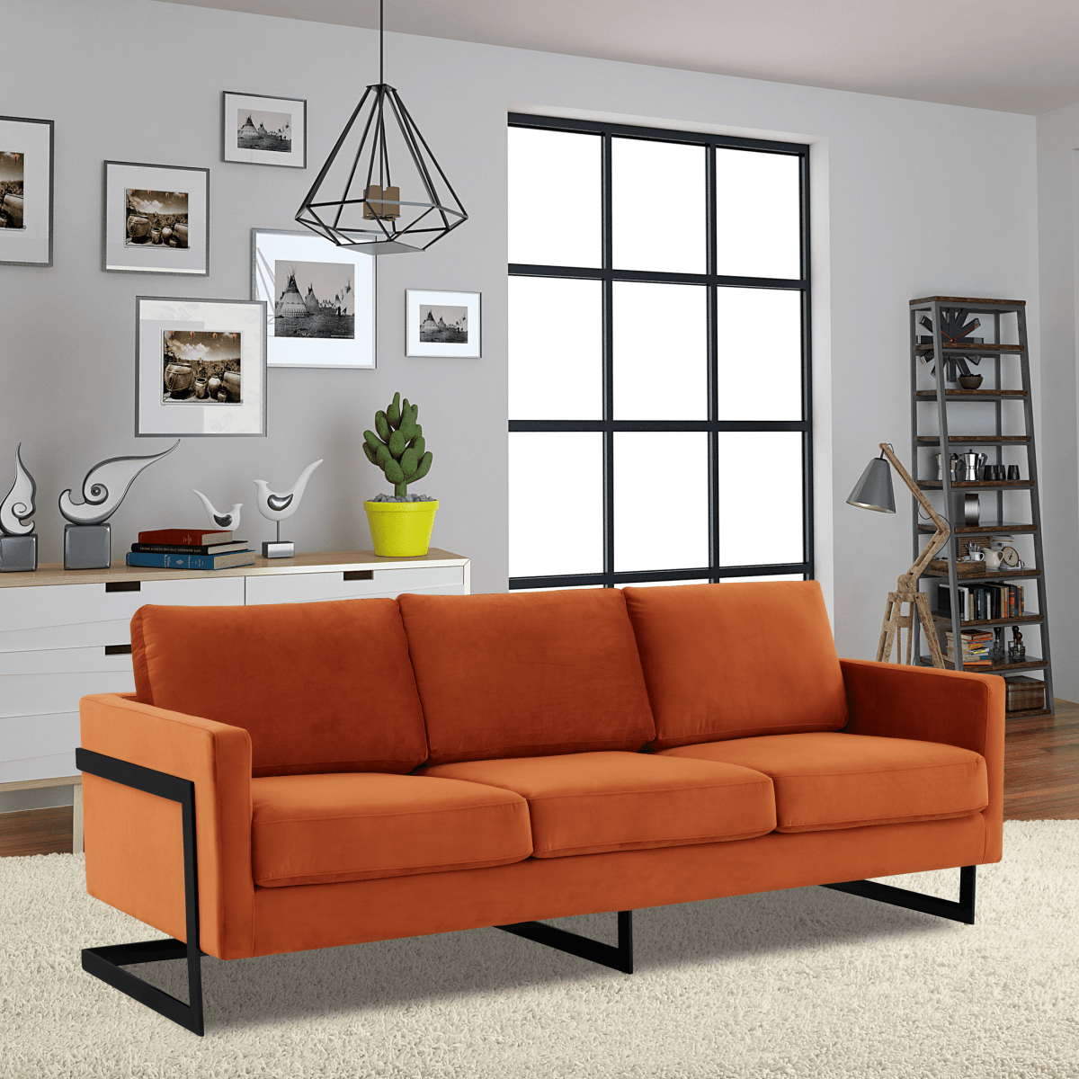 Lincoln 3 - Seater Sofa Upholstered in Velvet/Leather with Black/Silver/Gold Steel Base
