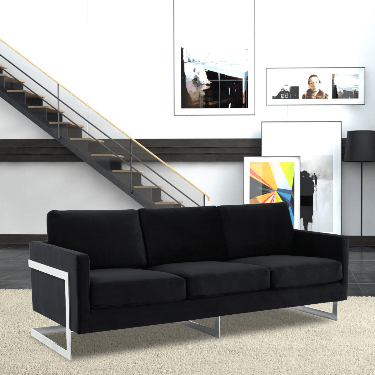 Lincoln 3 - Seater Sofa Upholstered in Velvet/Leather with Black/Silver/Gold Steel Base
