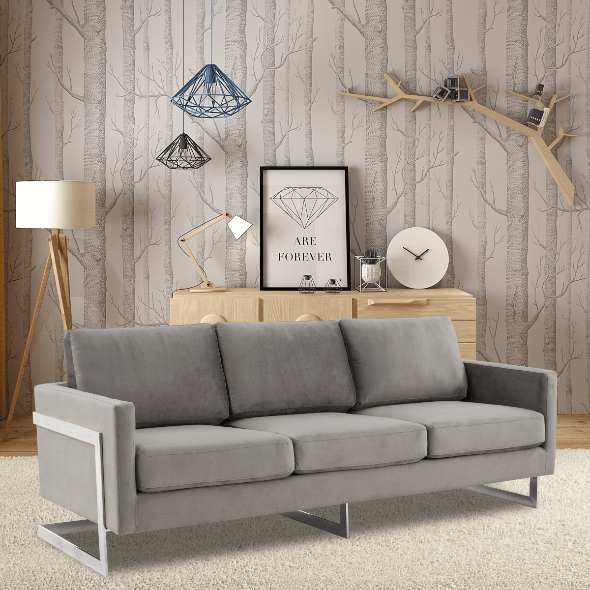 Lincoln 3 - Seater Sofa Upholstered in Velvet/Leather with Black/Silver/Gold Steel Base