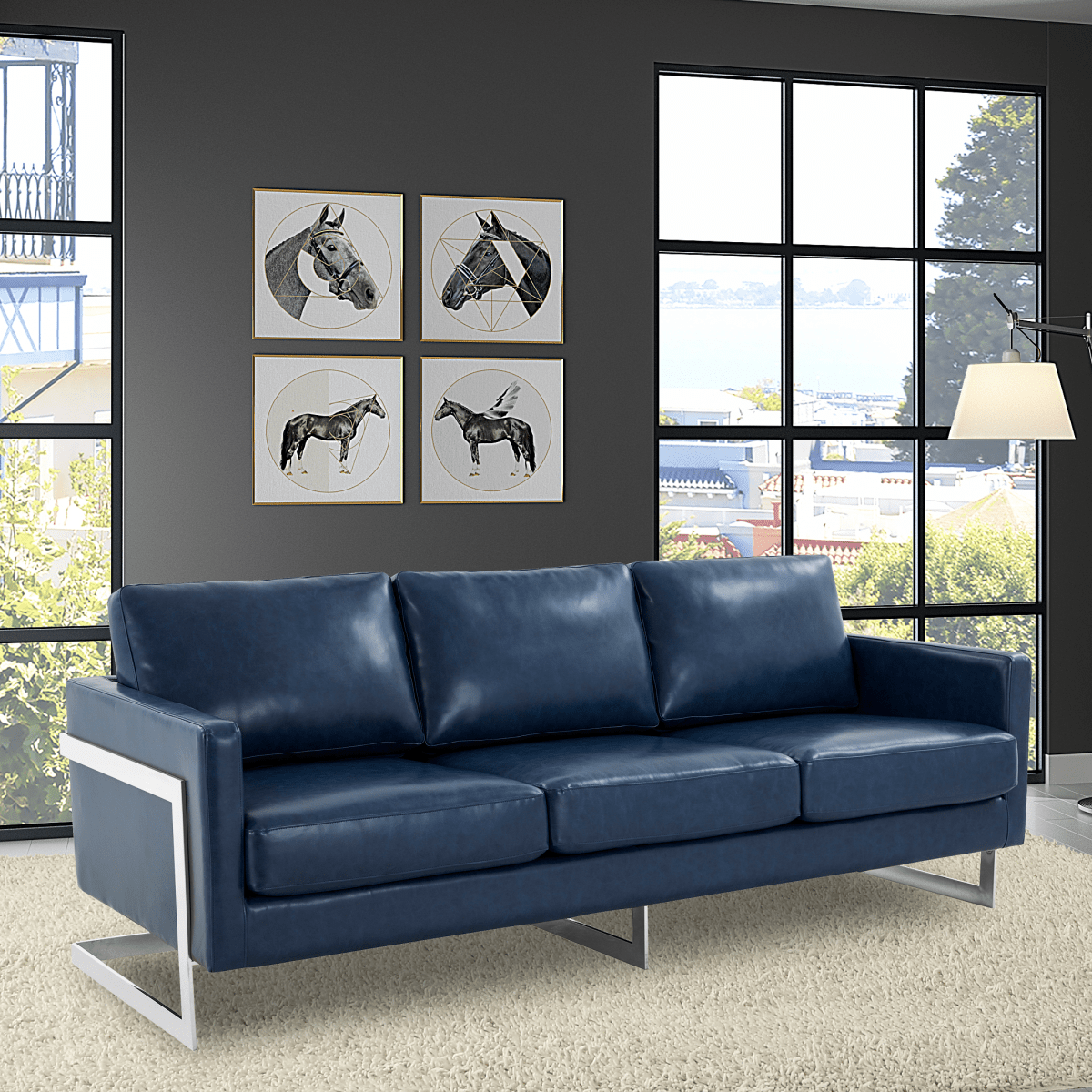 Lincoln 3 - Seater Sofa Upholstered in Velvet/Leather with Black/Silver/Gold Steel Base