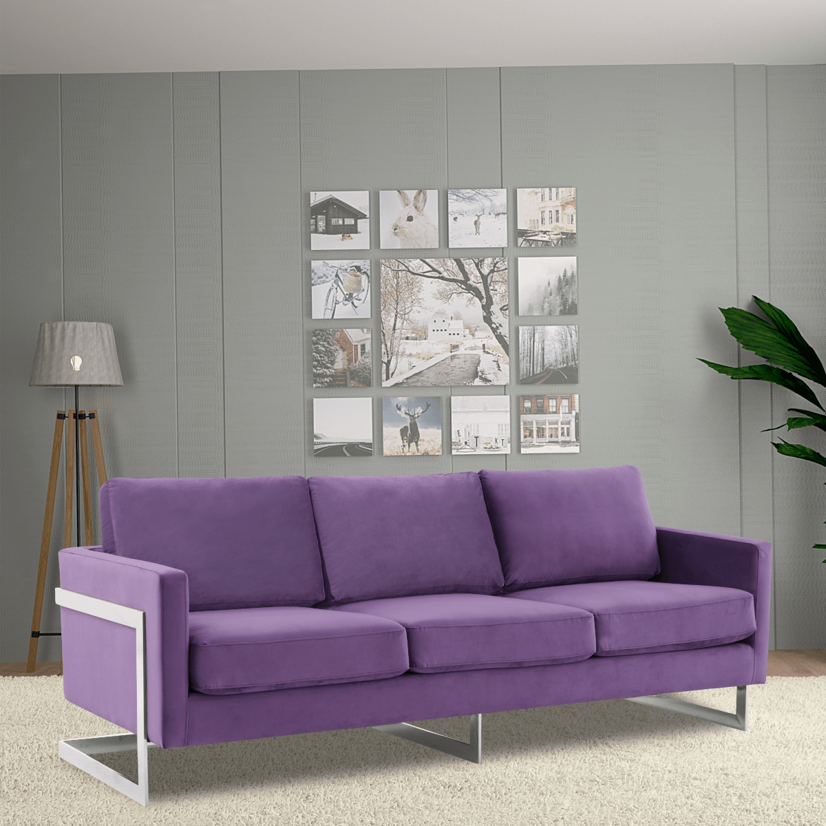 Lincoln 3 - Seater Sofa Upholstered in Velvet/Leather with Black/Silver/Gold Steel Base