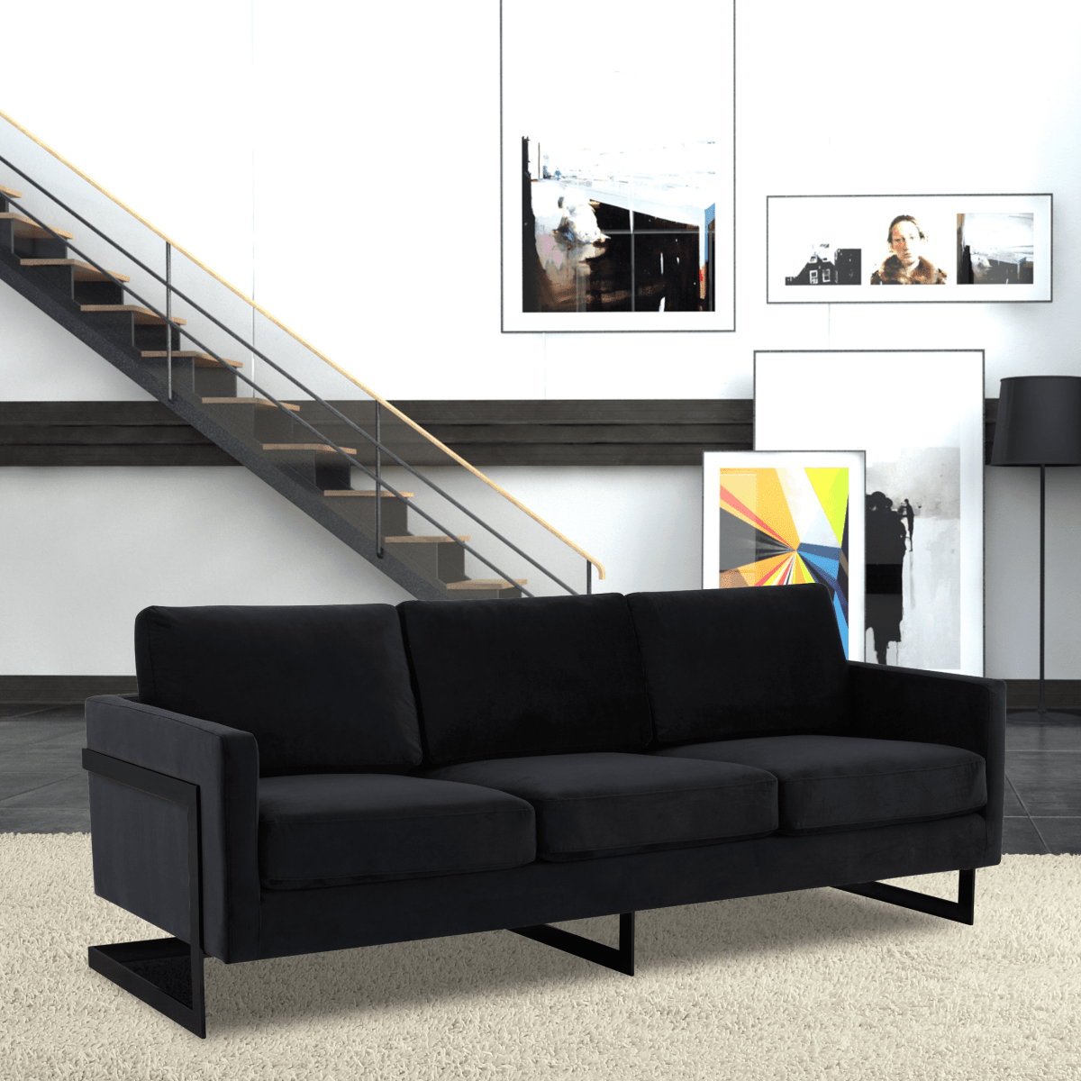 Lincoln 3 - Seater Sofa Upholstered in Velvet/Leather with Black/Silver/Gold Steel Base