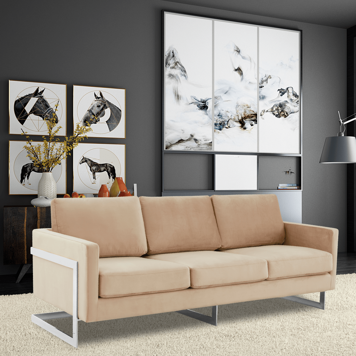 Lincoln 3 - Seater Sofa Upholstered in Velvet/Leather with Black/Silver/Gold Steel Base