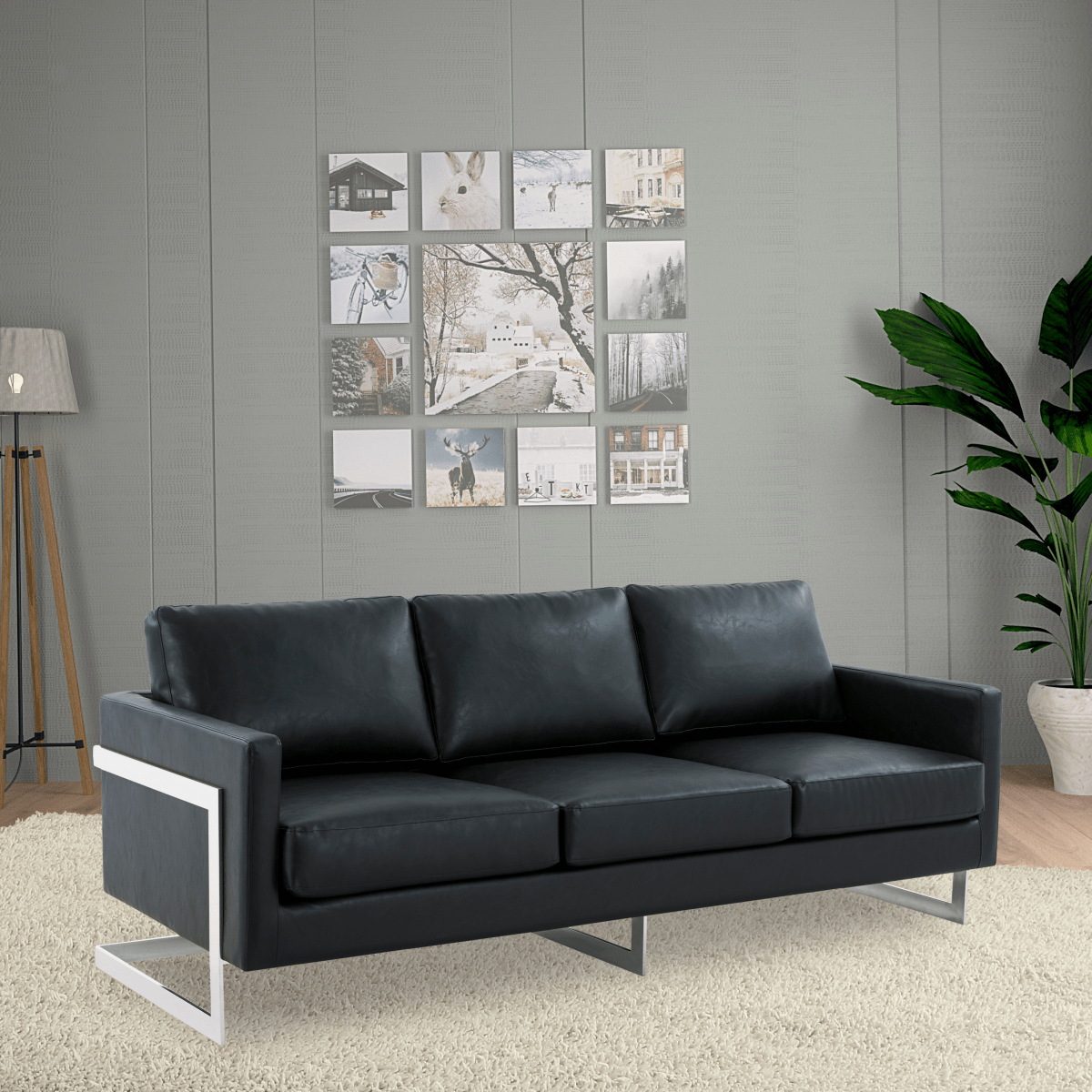 Lincoln 3 - Seater Sofa Upholstered in Velvet/Leather with Black/Silver/Gold Steel Base