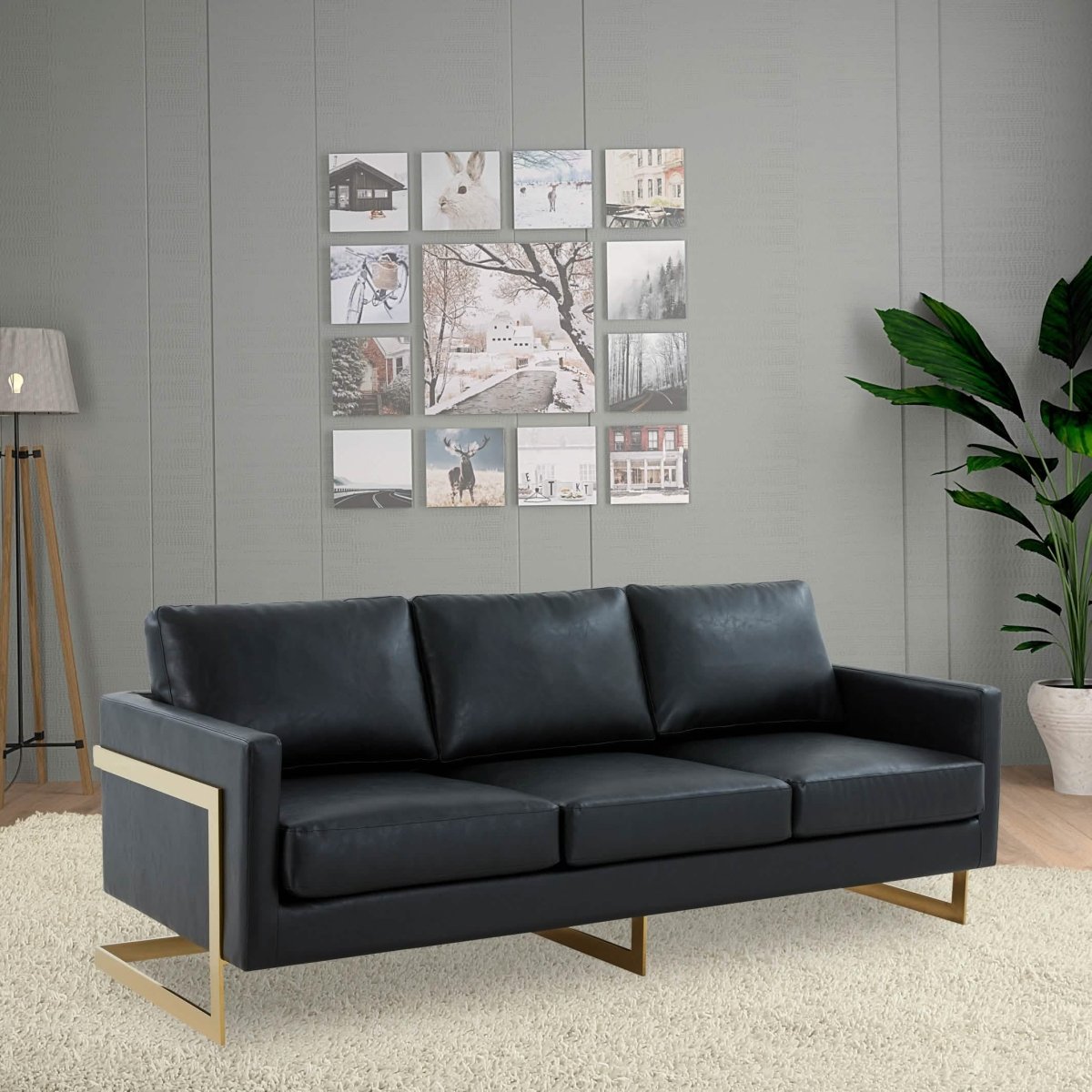 Lincoln 3 - Seater Sofa Upholstered in Velvet/Leather with Black/Silver/Gold Steel Base
