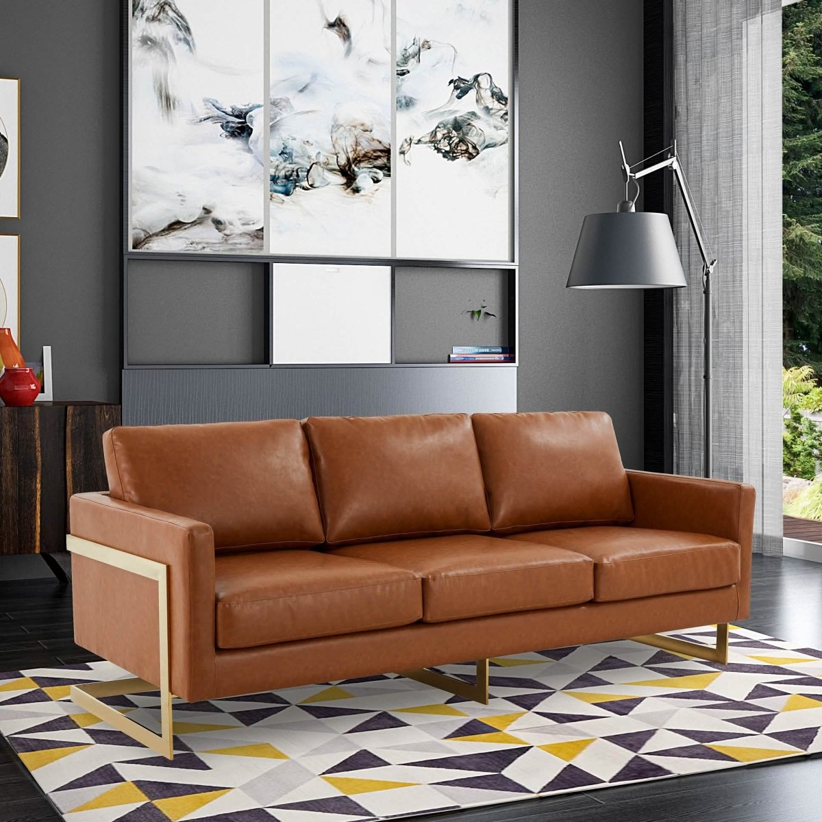 Lincoln 3 - Seater Sofa Upholstered in Velvet/Leather with Black/Silver/Gold Steel Base