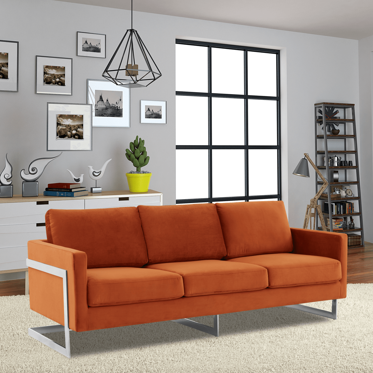 Lincoln 3 - Seater Sofa Upholstered in Velvet/Leather with Black/Silver/Gold Steel Base