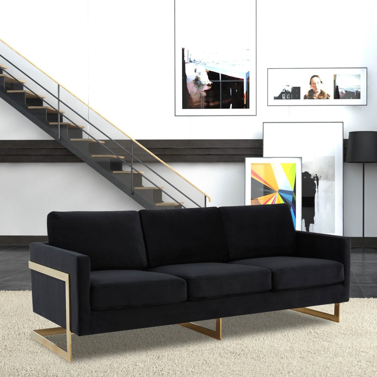 Lincoln 3 - Seater Sofa Upholstered in Velvet/Leather with Black/Silver/Gold Steel Base