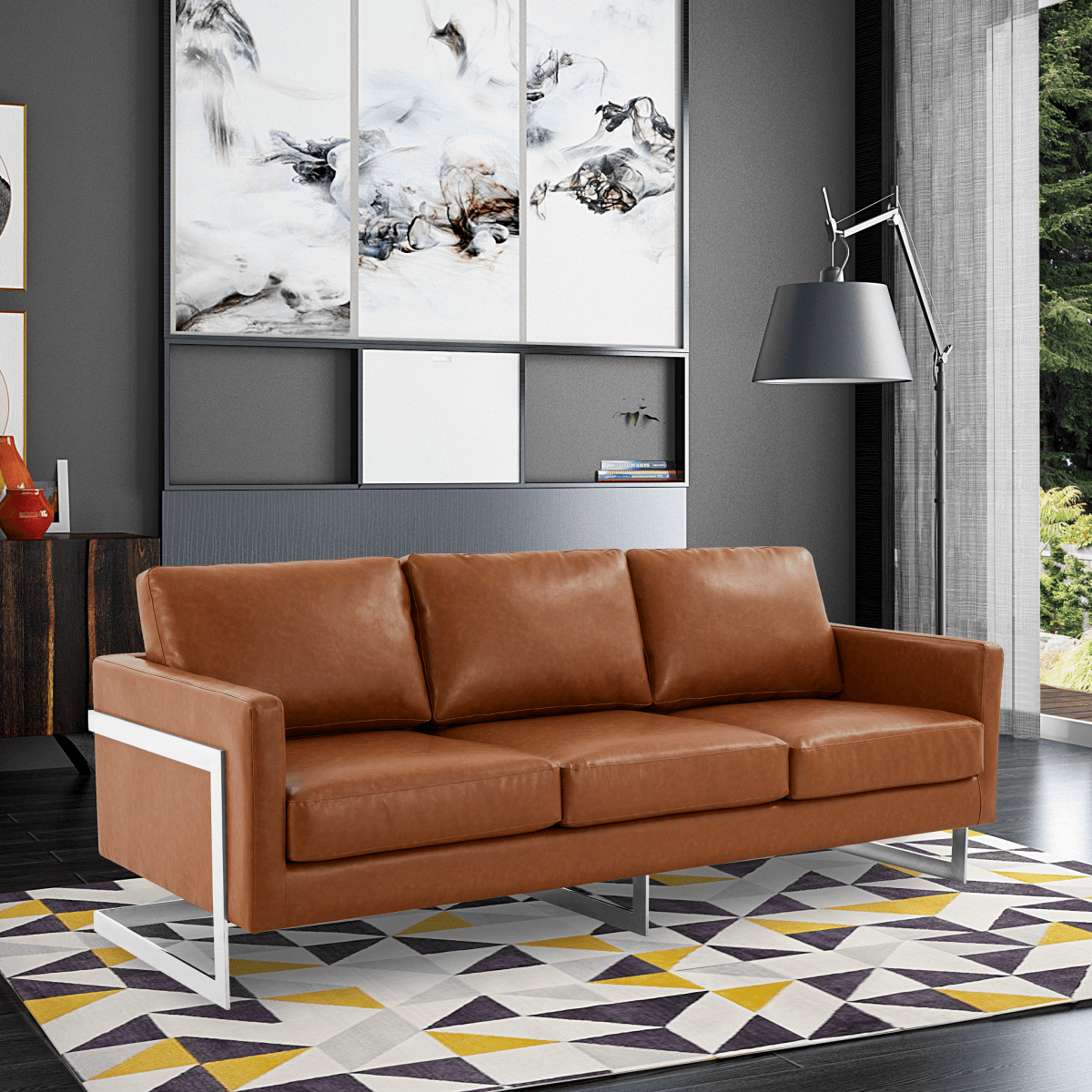 Lincoln 3 - Seater Sofa Upholstered in Velvet/Leather with Black/Silver/Gold Steel Base