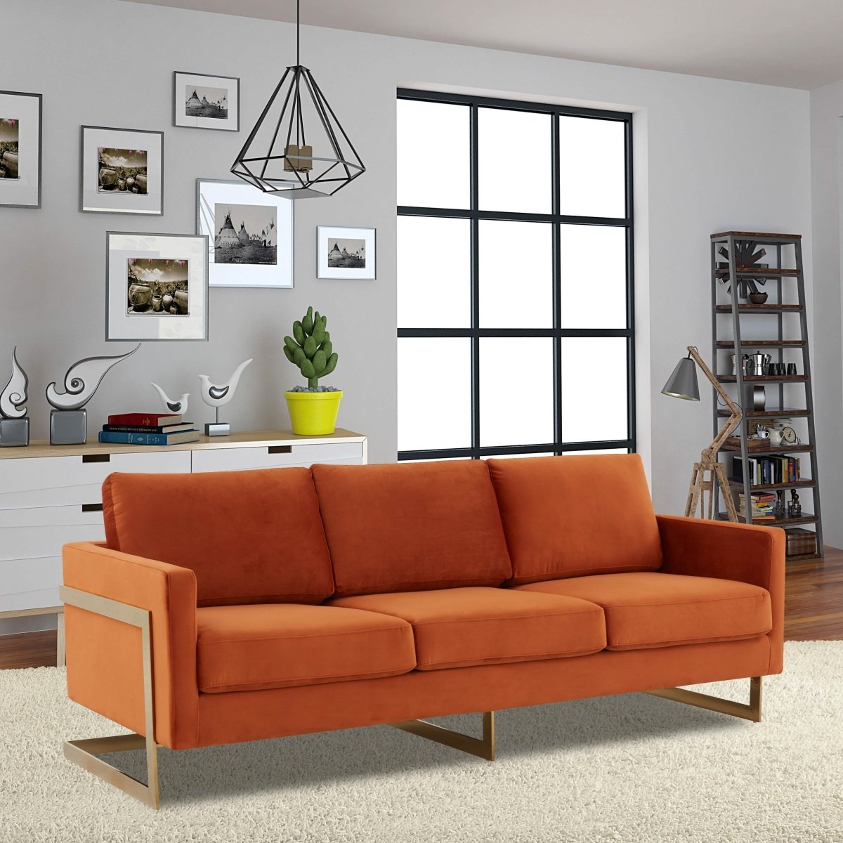 Lincoln 3 - Seater Sofa Upholstered in Velvet/Leather with Black/Silver/Gold Steel Base
