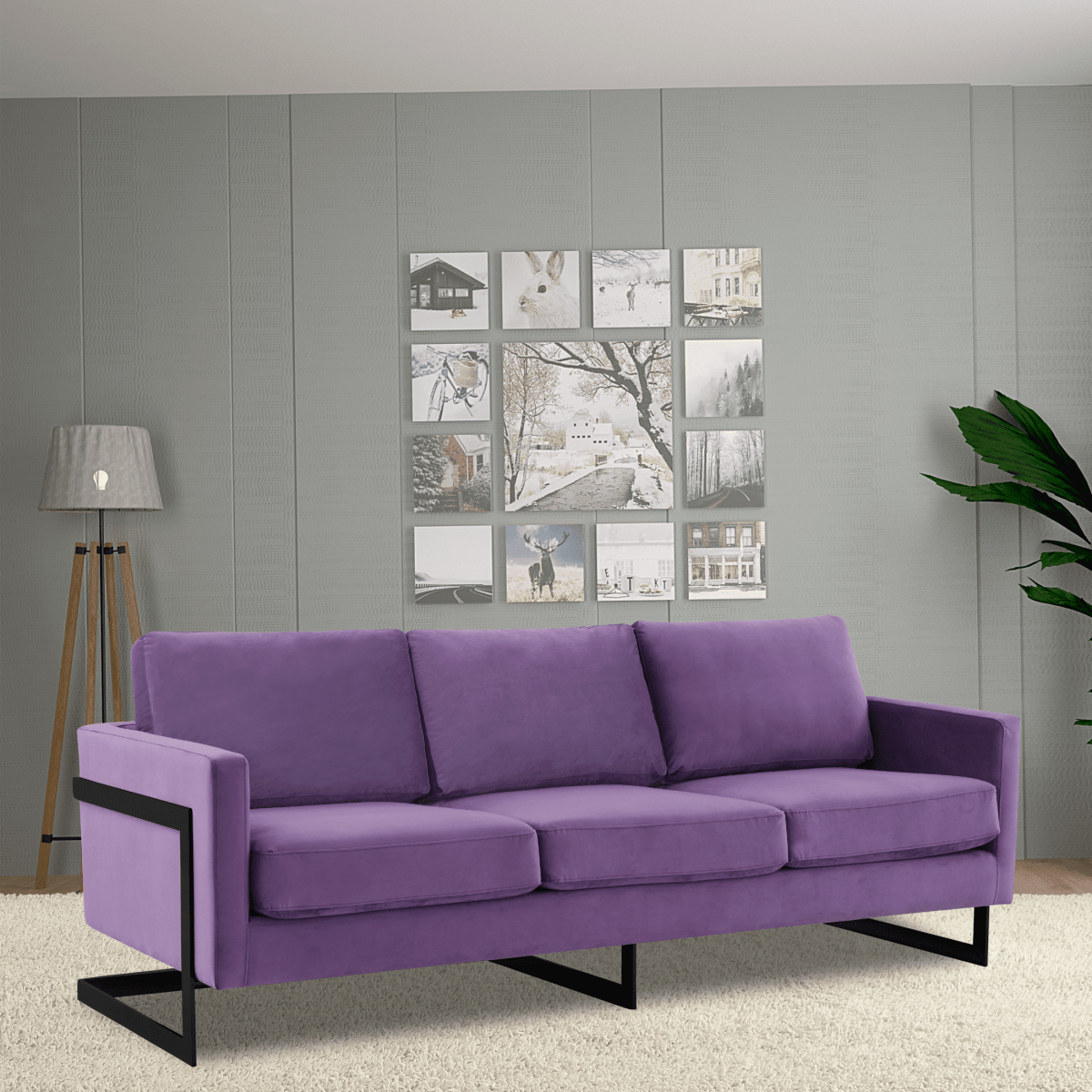 Lincoln 3 - Seater Sofa Upholstered in Velvet/Leather with Black/Silver/Gold Steel Base
