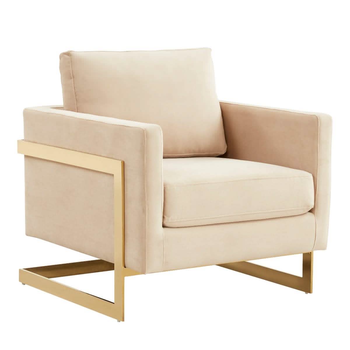 Lincoln Modern Upholstered in Fabric Single Seater Sofa With Gold/Black/White Metal Frame Velvet Gold Beige Sofa Leisuremod